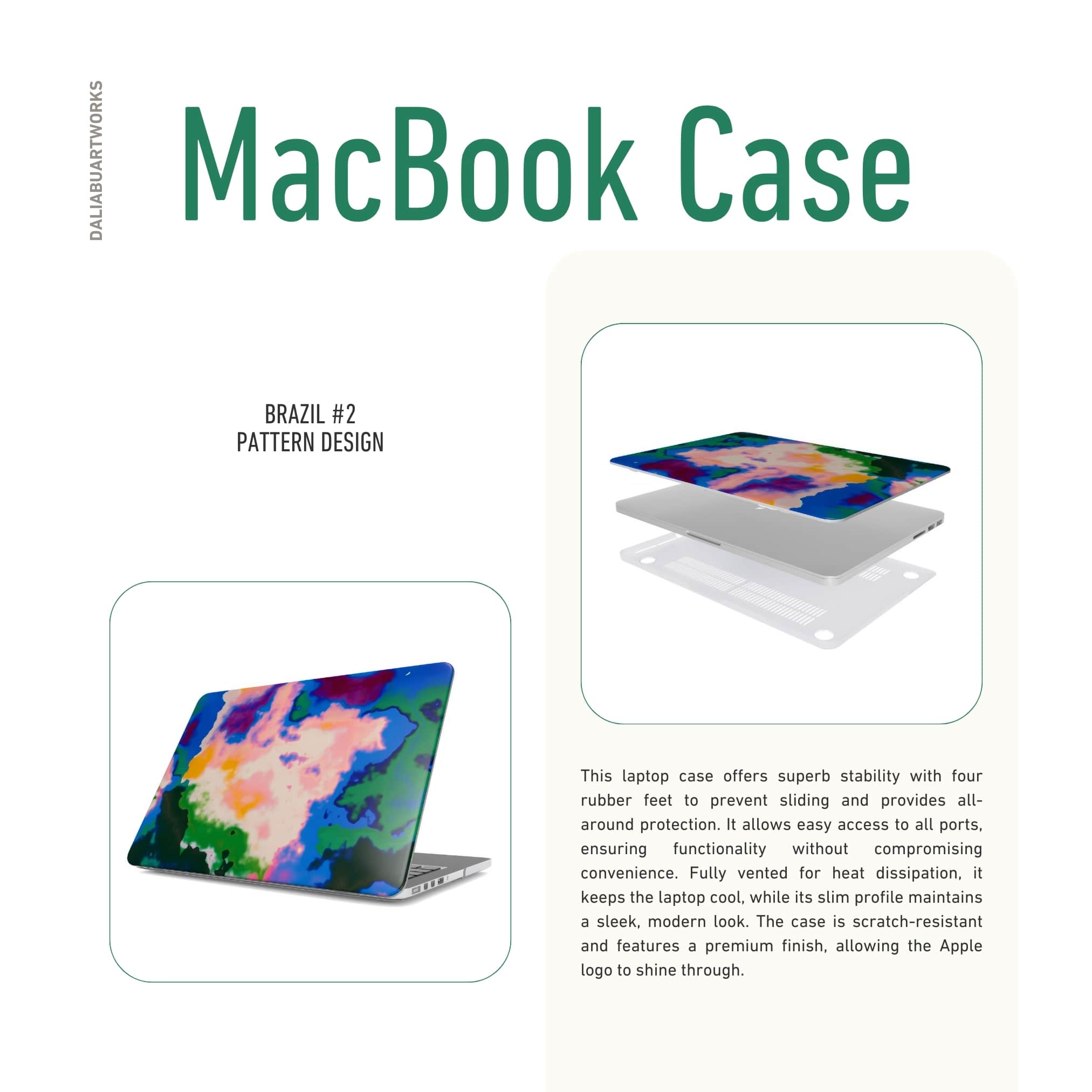 MacBook case side view; Brazil 2 pattern, artistic, abstract marble pattern. Blue, green and orange color combination. Description about laptop case ventilation.