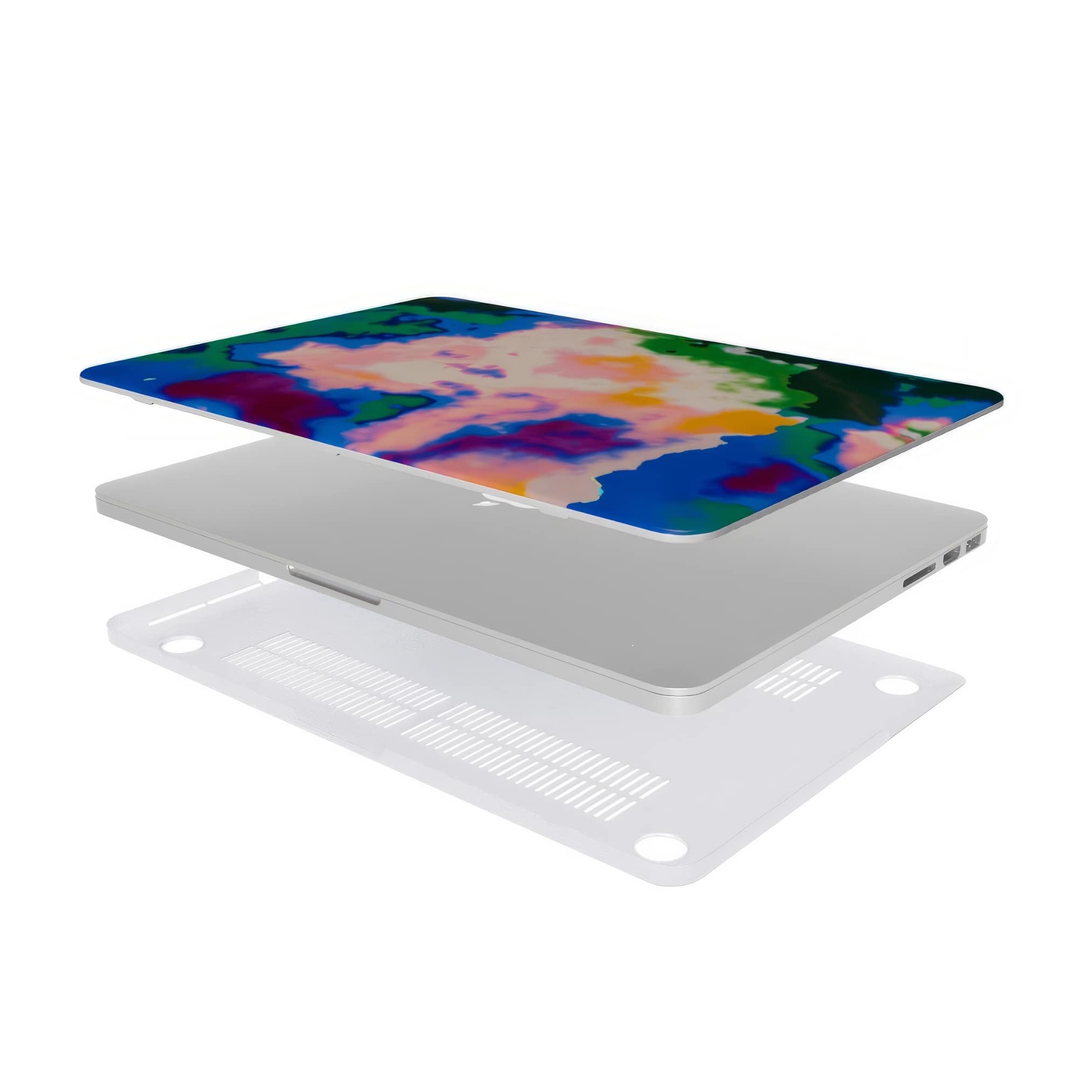 MacBook case extend view; Brazil 2 pattern, artistic, abstract marble pattern. Blue, green and orange color combination.