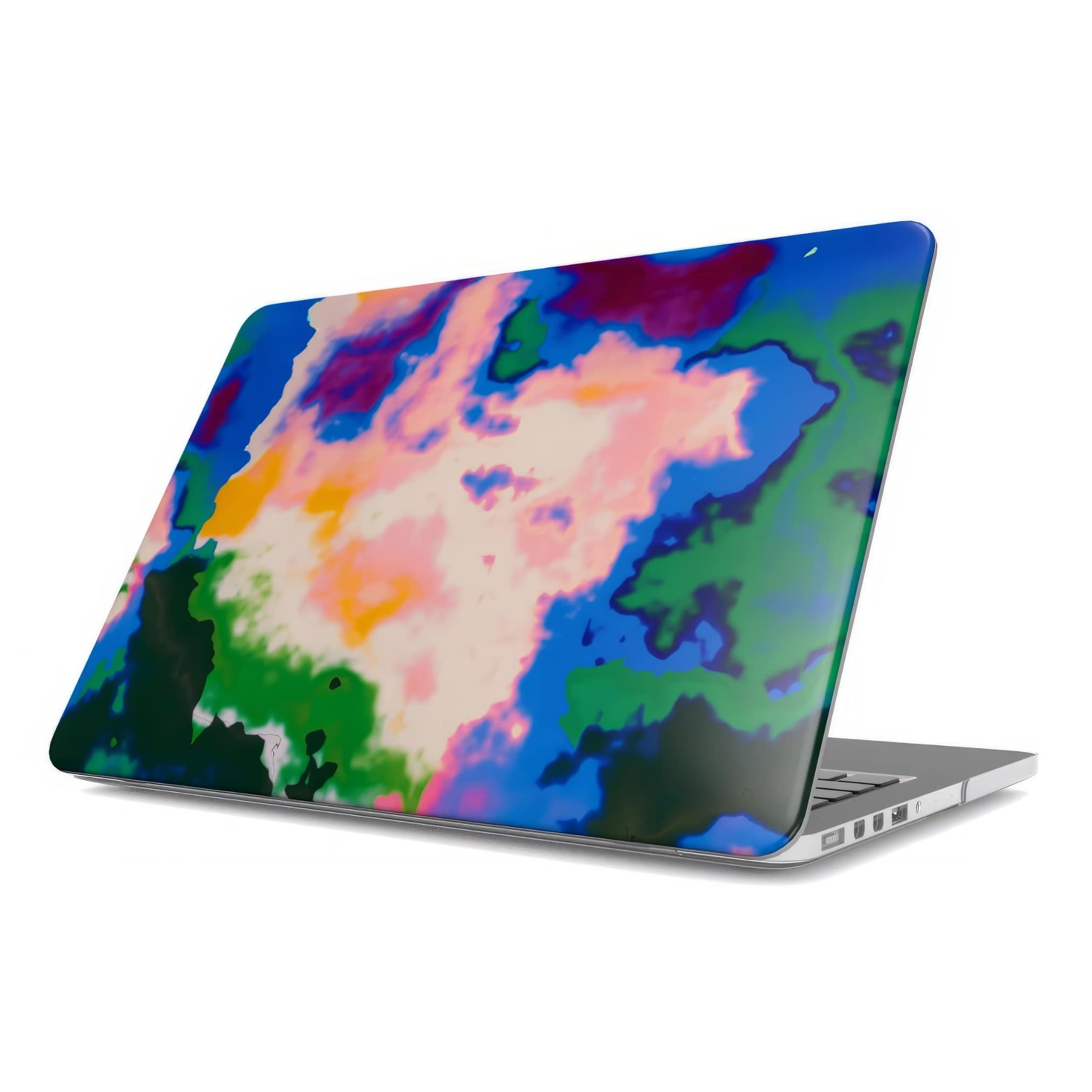 MacBook case side view; Brazil 2 pattern, artistic, abstract marble pattern. Blue, green and orange color combination. Bold expressive aesthetic design. Colorful and interior fit.