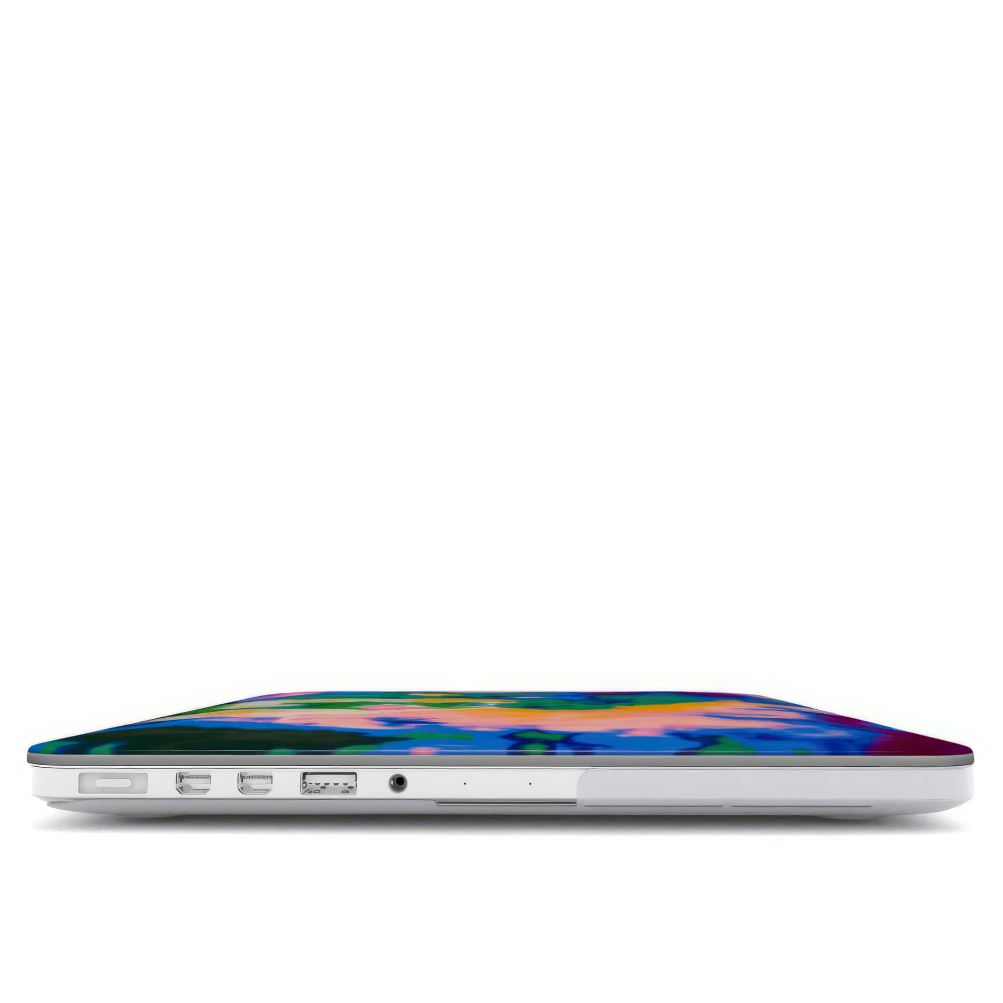 MacBook case closed view; Brazil pattern, artistic, abstract marble pattern. Orange, green and blue color combination.
