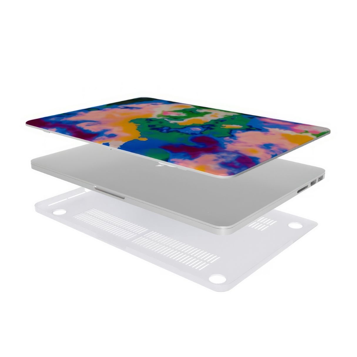 MacBook case extend view; Brazil pattern, artistic, abstract marble pattern. Orange, green and blue color combination. Bold expressive aesthetic design. Colorful and interior fit.