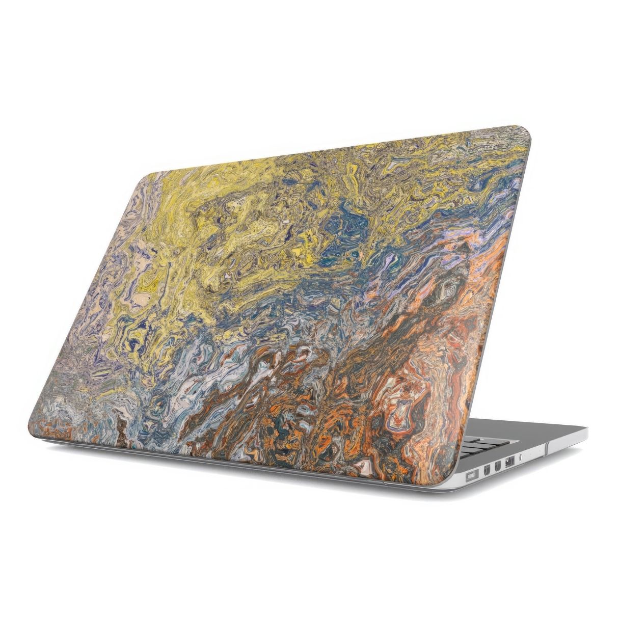 MacBook case with a calm color pattern Chill Time abstract and artistic style, featuring an elegant and aesthetic design. Main colors are muted yellow, grey and orange, brown. Side view.