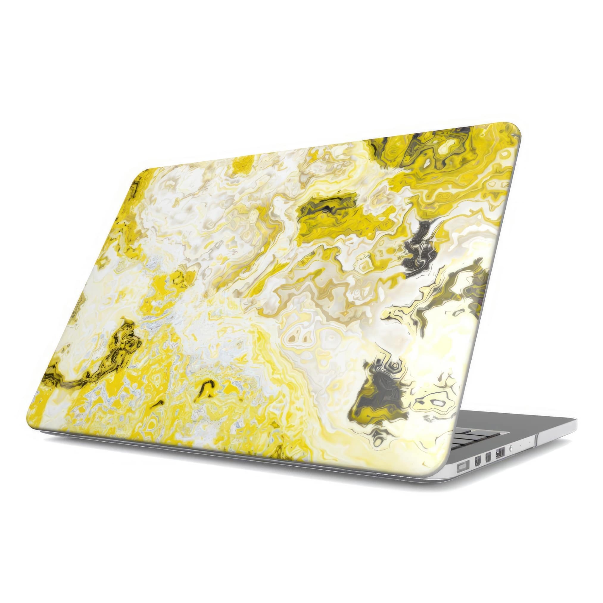 MacBook case side view; Citron pattern, artistic, abstract marble pattern. Yellow and white color combination. Bold expressive aesthetic design. Colorful and interior fit.