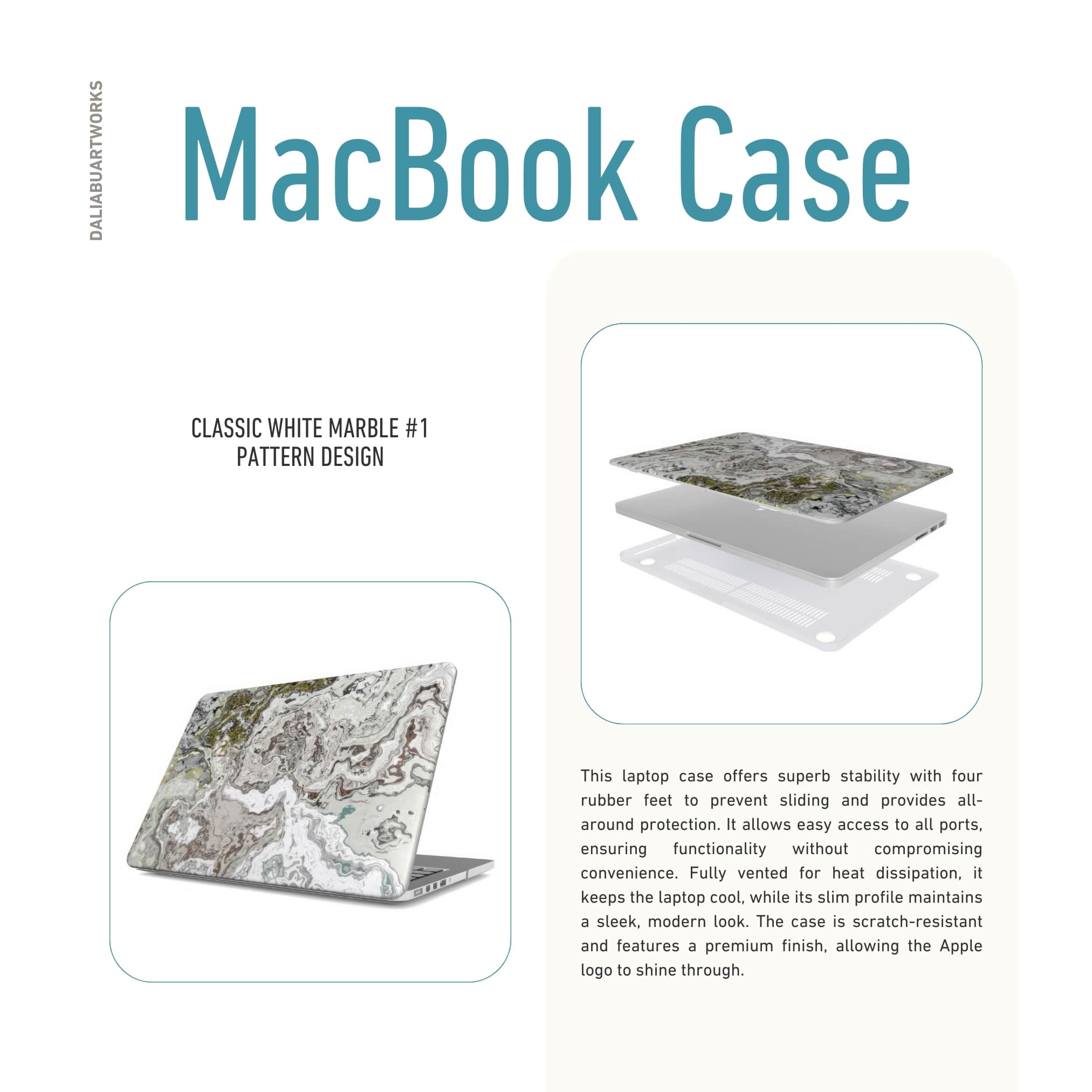 MacBook case side view; Classic White Marble 1 pattern, artistic, abstract marble pattern. White and grey color combination. Description about laptop case ventilation features.