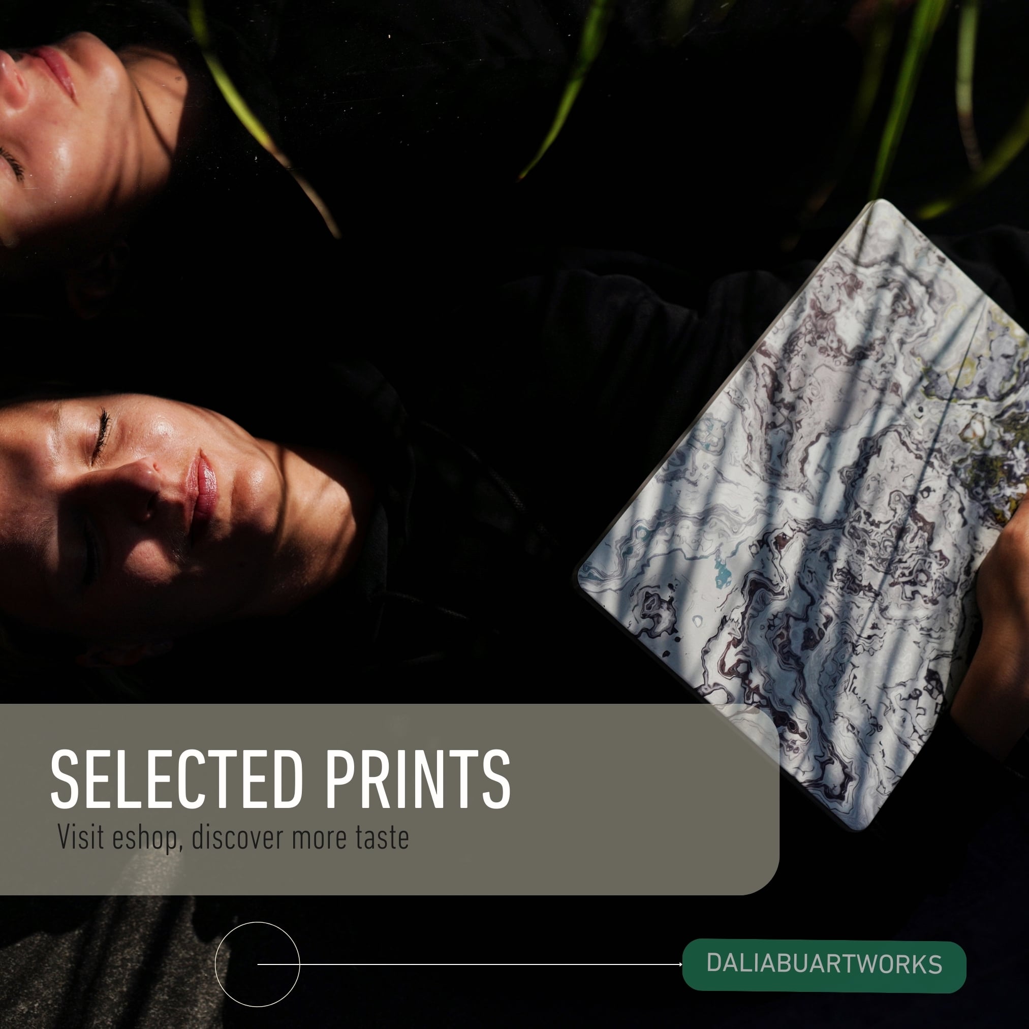 Person holding a map with text overlay 'Selected Prints' and brand name 'Daliabuartworks'.