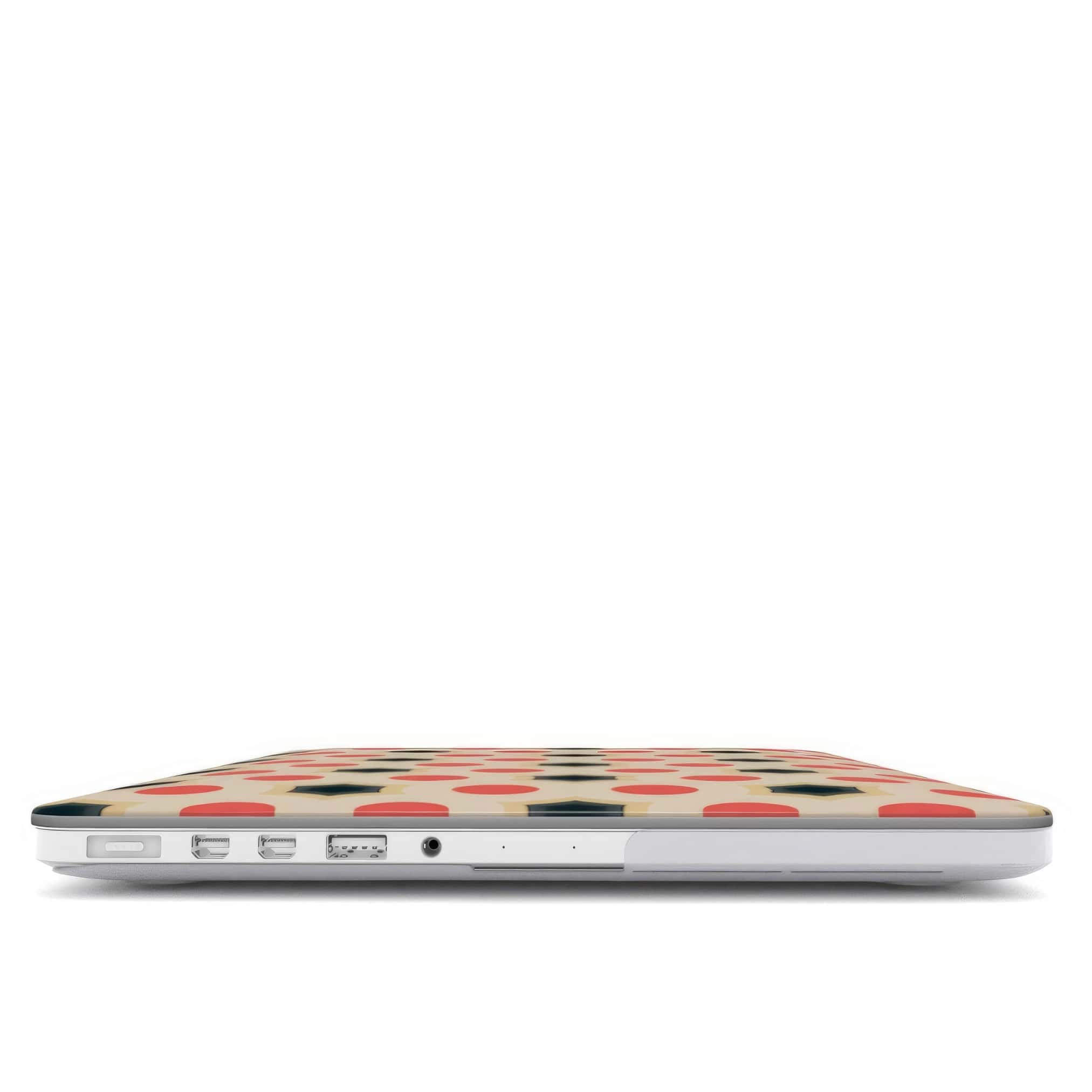 MacBook case closed view; clown add 1 pattern, artistic, ornamental kaleidoscope pattern. Red and beige color combination.