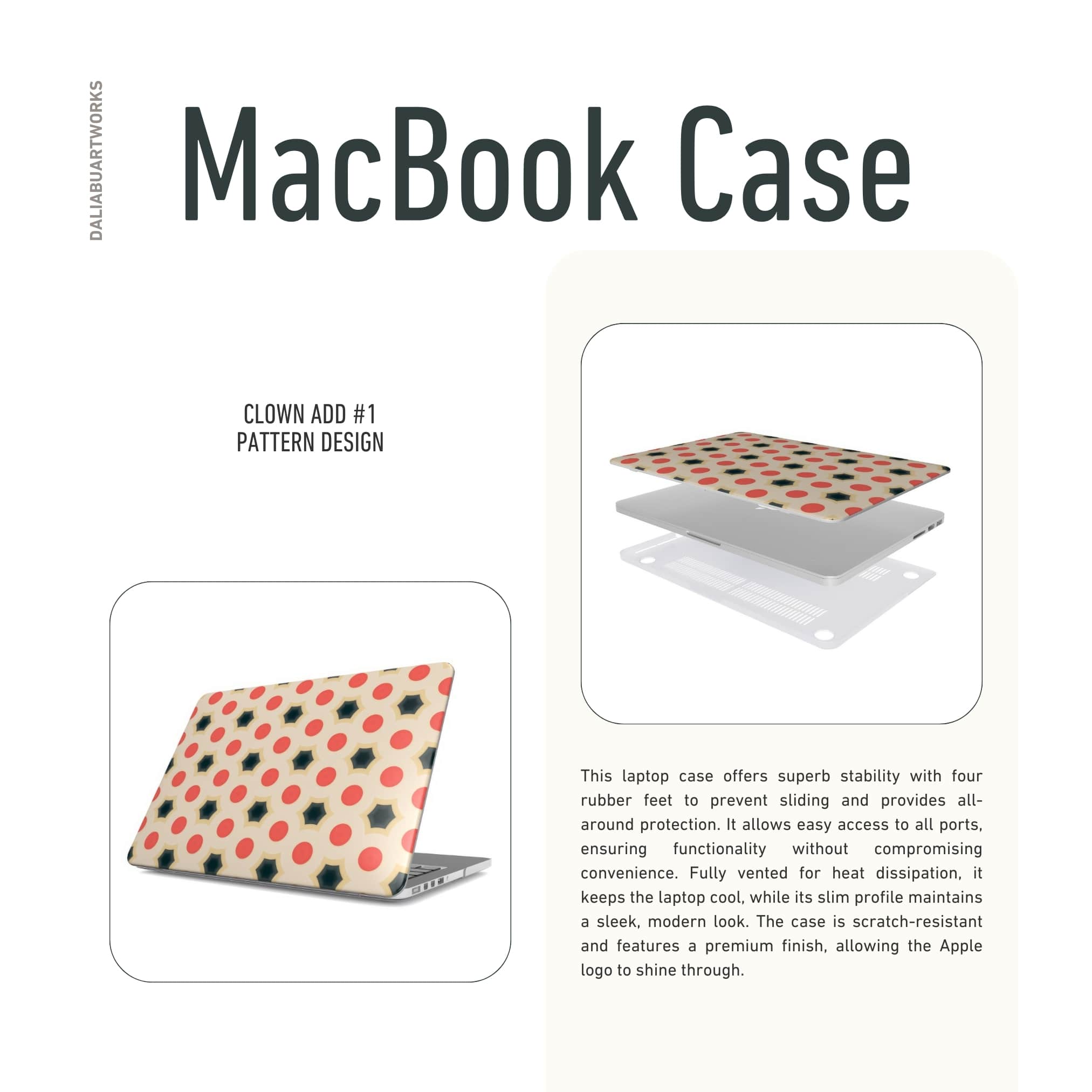 MacBook case side view; clown add 1 pattern, artistic, ornamental kaleidoscope pattern. Red and beige color combination. Laptop protector case ventaltion features.
