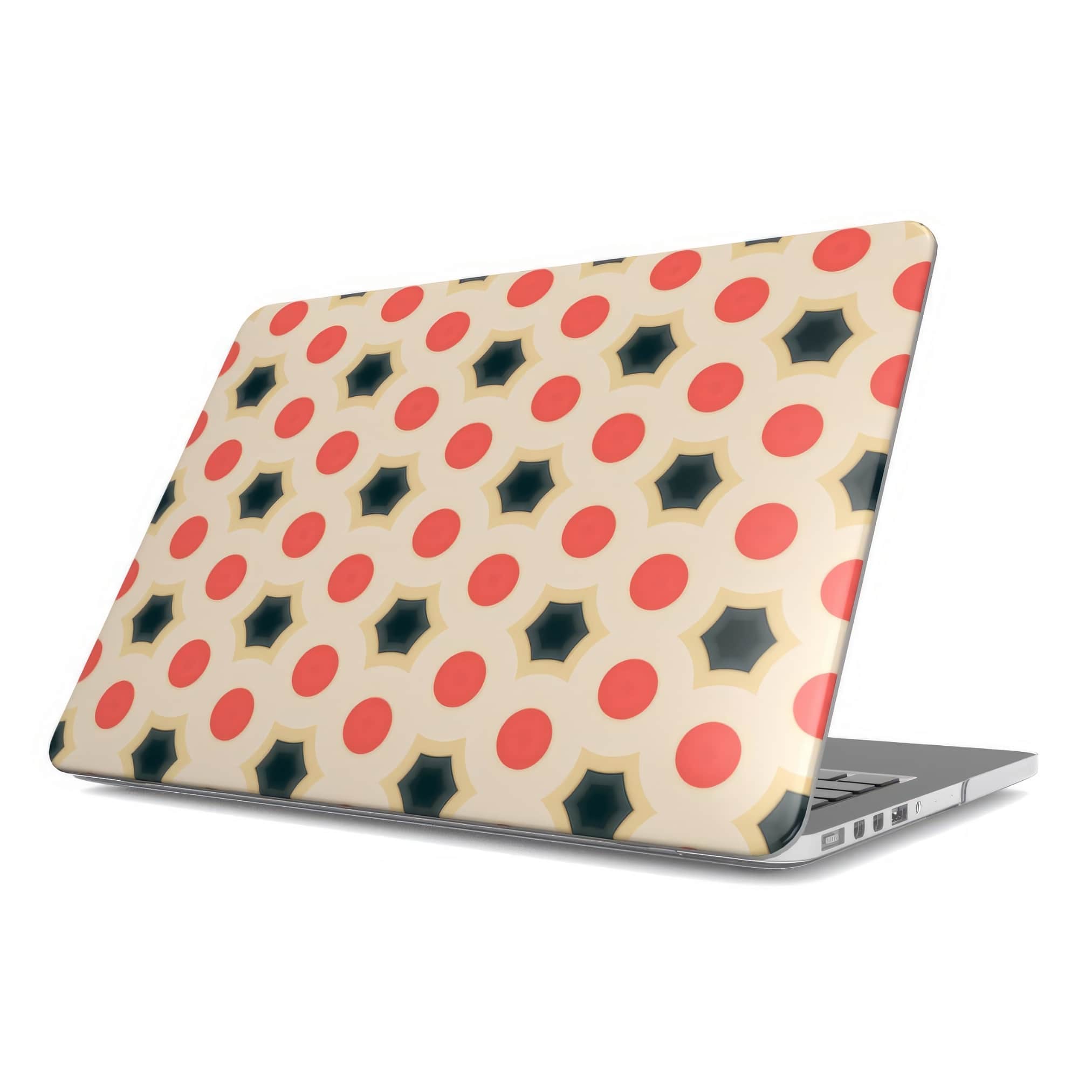 MacBook case side view; clown add 1 pattern, artistic, ornamental kaleidoscope pattern. Red and beige color combination. Bold expressive aesthetic design. Colorful and interior fit.