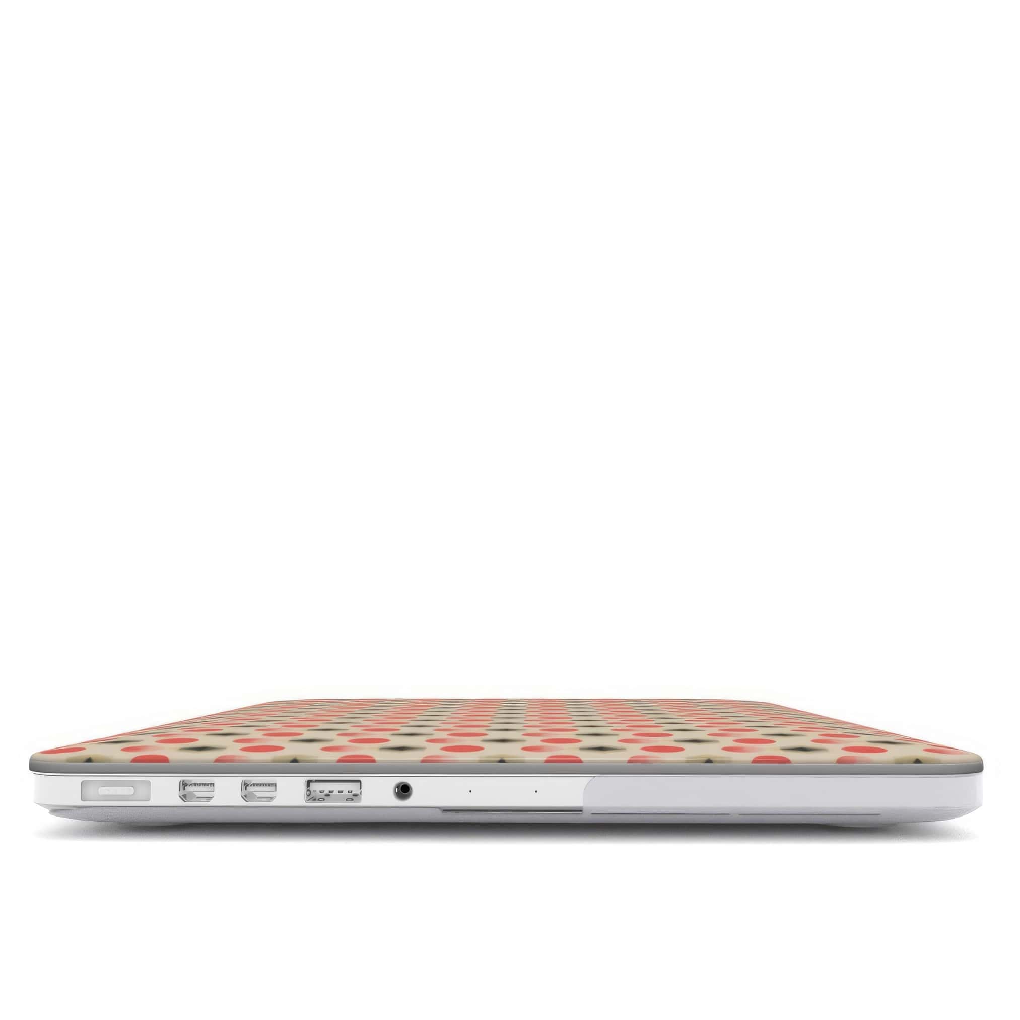MacBook case closed view; clown add 2 pattern, artistic, ornamental kaleidoscope pattern. Red and beige color combination.