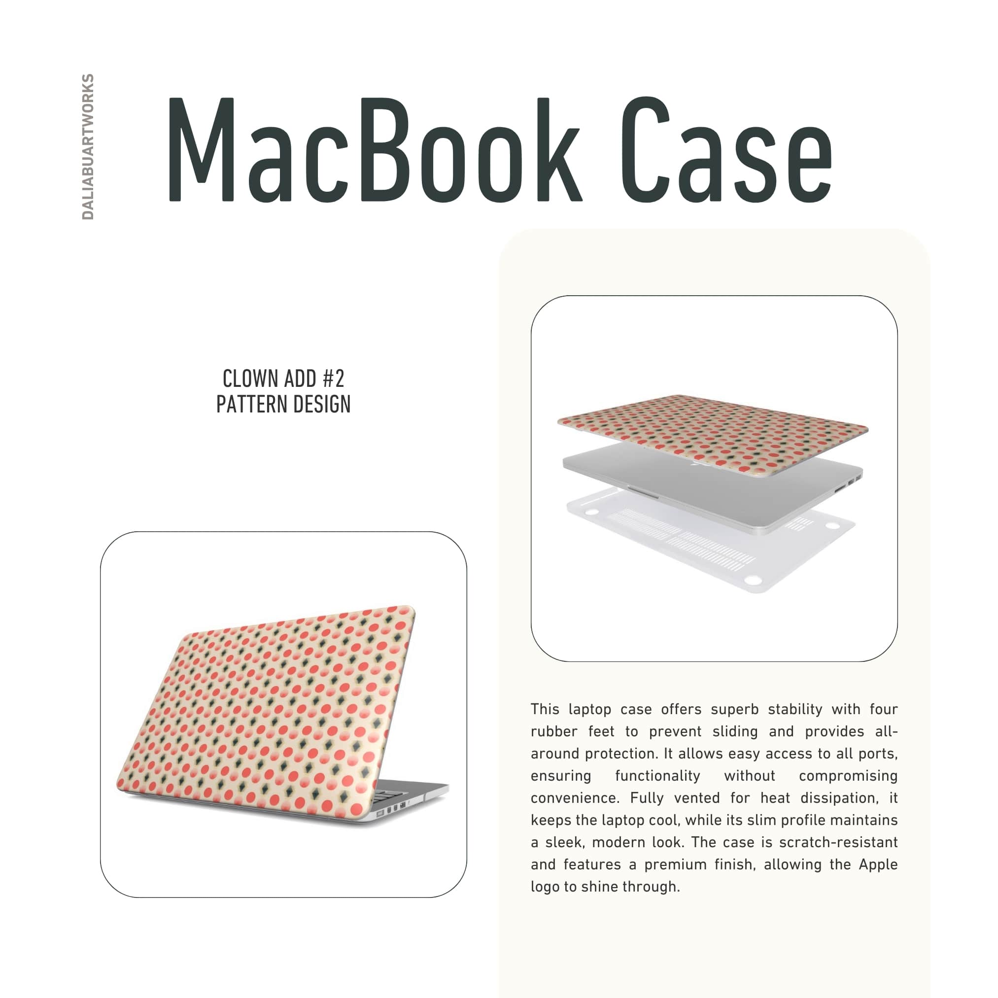 MacBook case side view; clown add 2 pattern, artistic, ornamental kaleidoscope pattern. Red and beige color combination. Details about laptop case ventilation features.