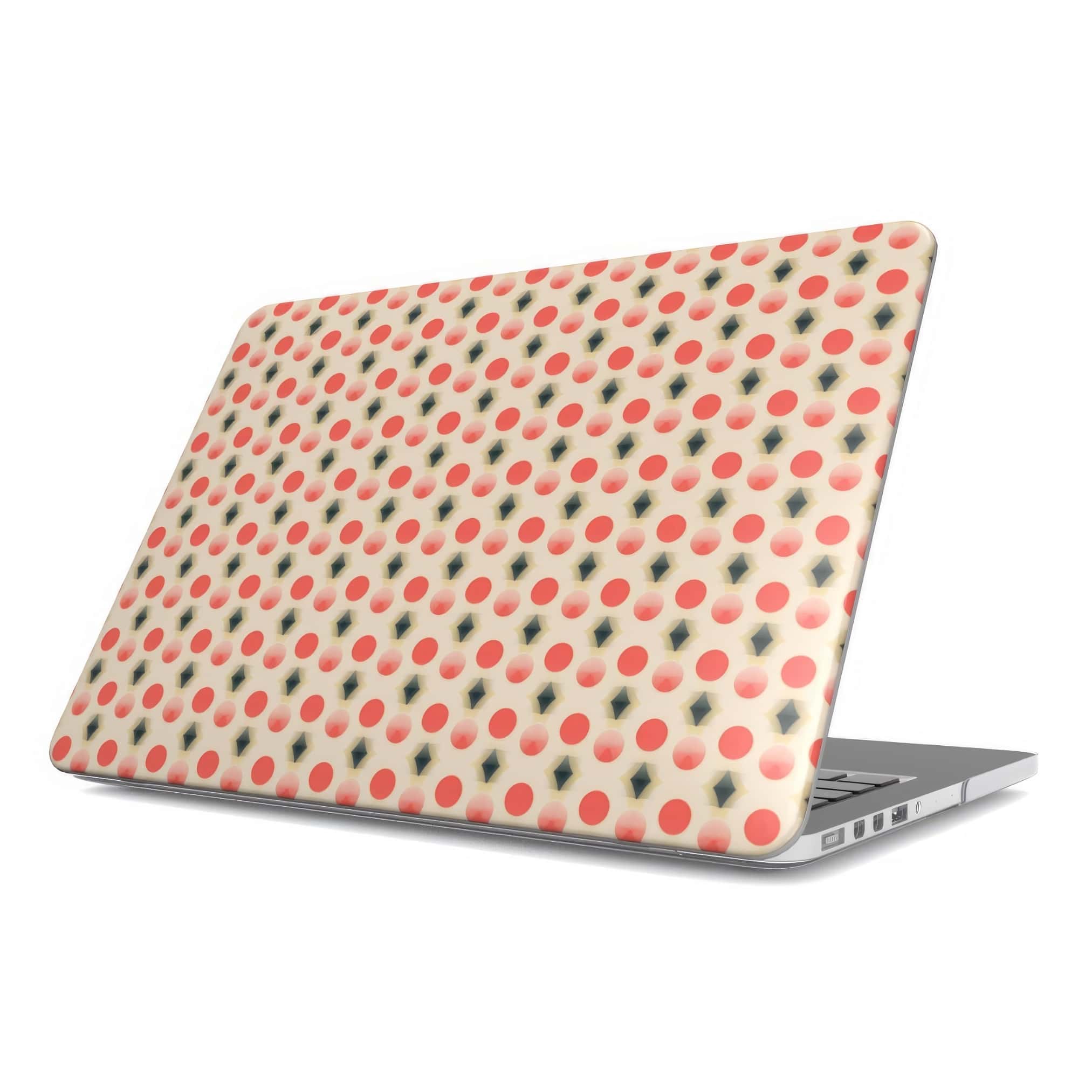 MacBook case side view; clown add 2 pattern, artistic, ornamental kaleidoscope pattern. Red and beige color combination. Bold expressive aesthetic design. Colorful and interior fit.