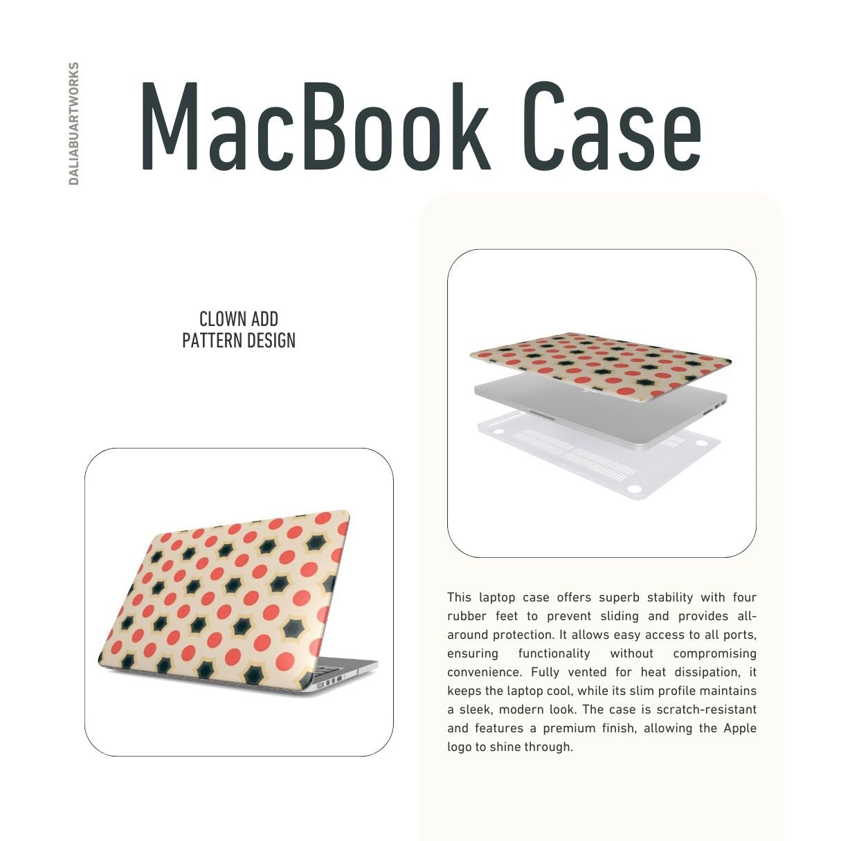 MacBook case side view; Clown Add pattern, artistic, ornamental kaleidoscope pattern. Red and beige color combination. Bold expressive aesthetic design. Colorful and interior fit.