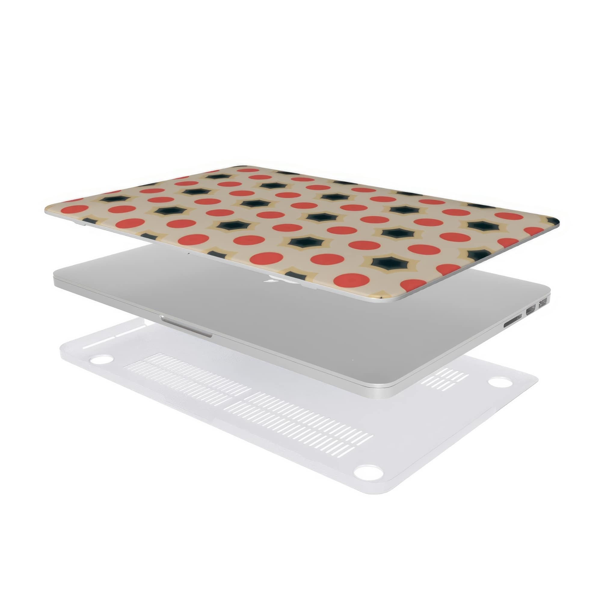 MacBook case extend view; Clown Add pattern, artistic, ornamental kaleidoscope pattern. Red and beige color combination.