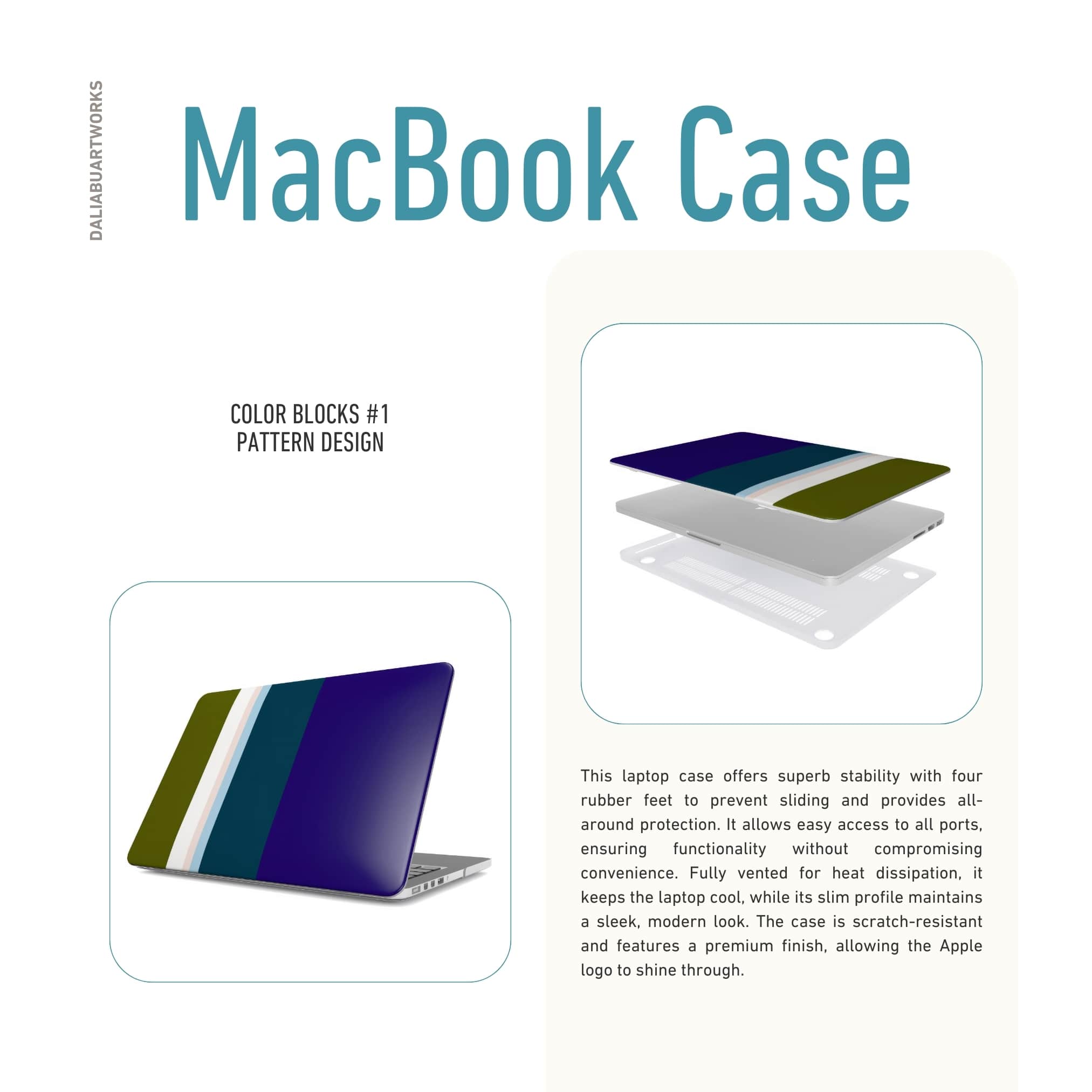 MacBook ultra thin case Color Blocks 1 pattern design with a color blocks, featuring an elegant and expressive aesthetic design. Main colors are khaki, navy blue, deep marine, light blue and pink. Benefit of laptop ventilation.