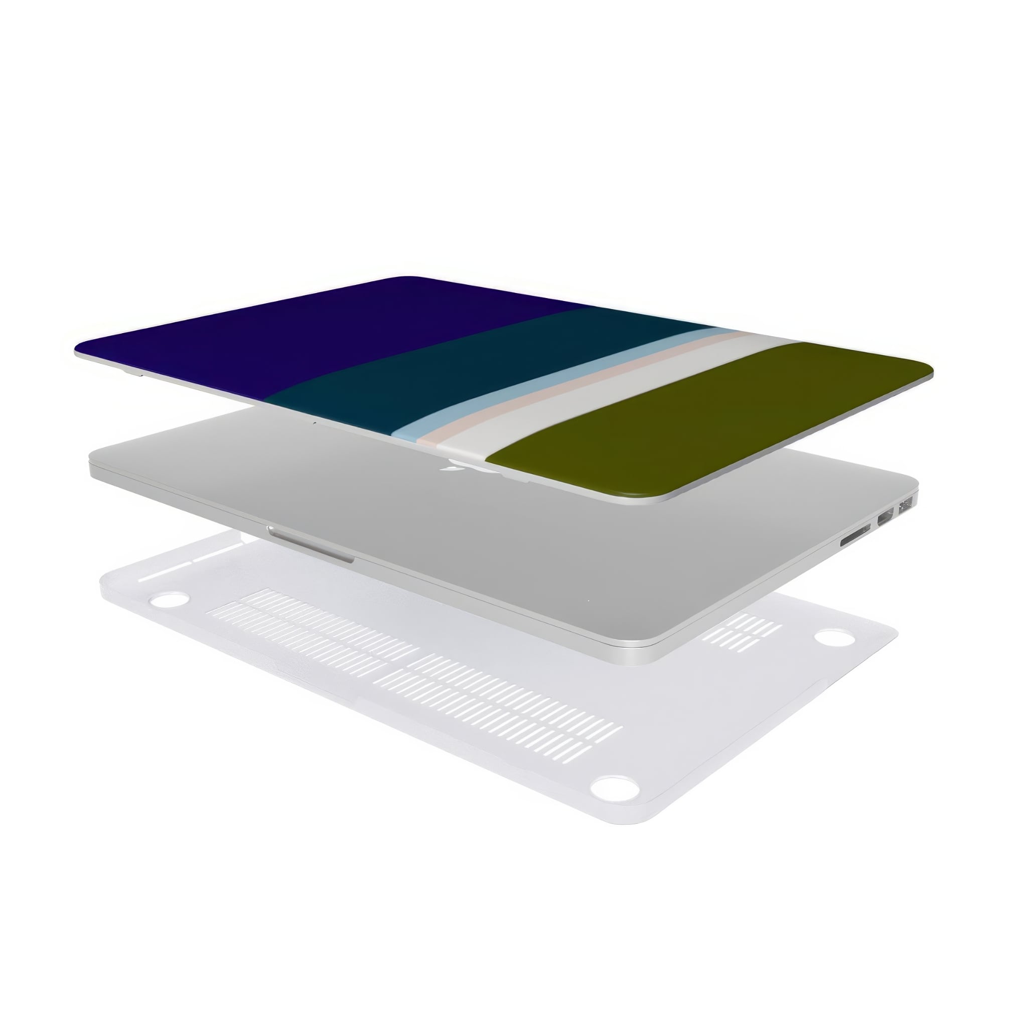 MacBook ultra thin case Color Blocks 1 pattern design with a color blocks, featuring an elegant and expressive aesthetic design. Main colors are khaki, navy blue, deep marine, light blue and pink. Extend view.