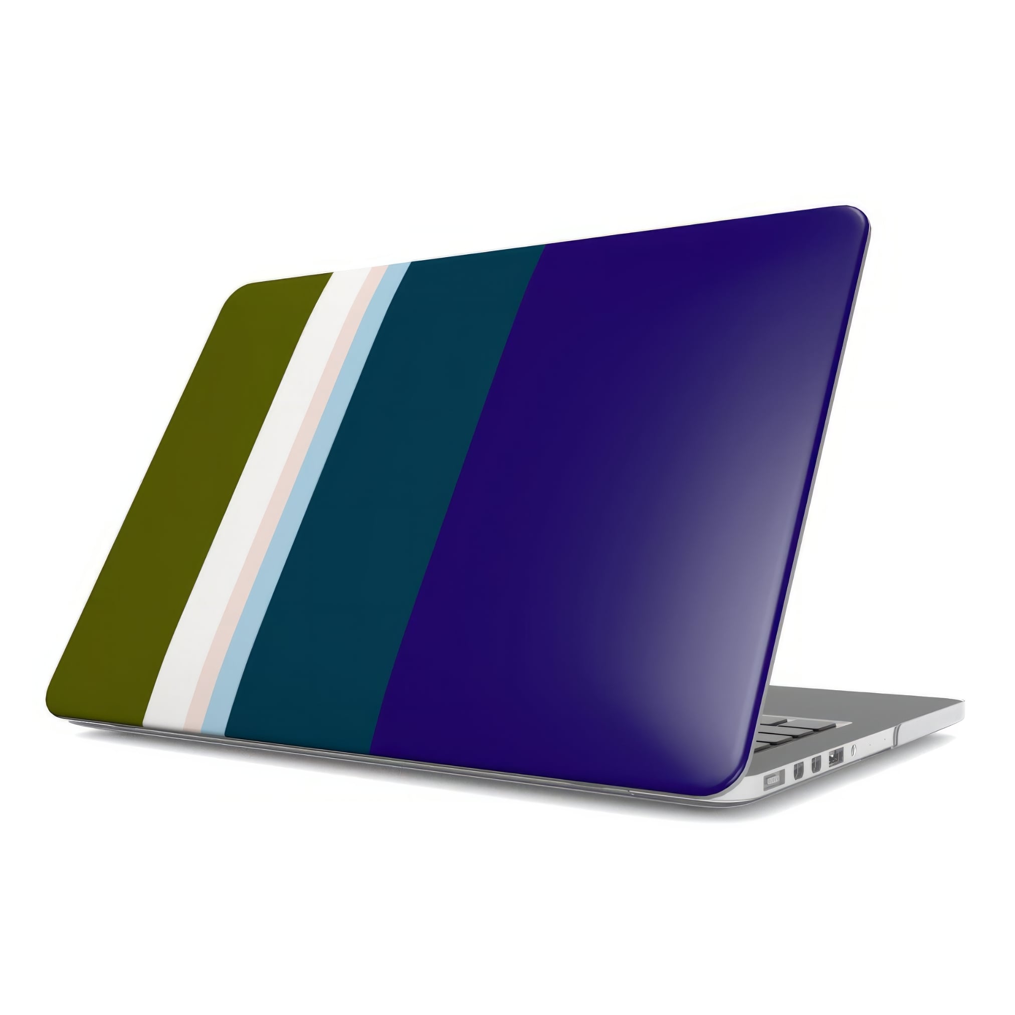 MacBook ultra thin case Color Blocks 1 pattern design with a color blocks, featuring an elegant and expressive aesthetic design. Main colors are khaki, navy blue, deep marine, light blue and pink. Front view.