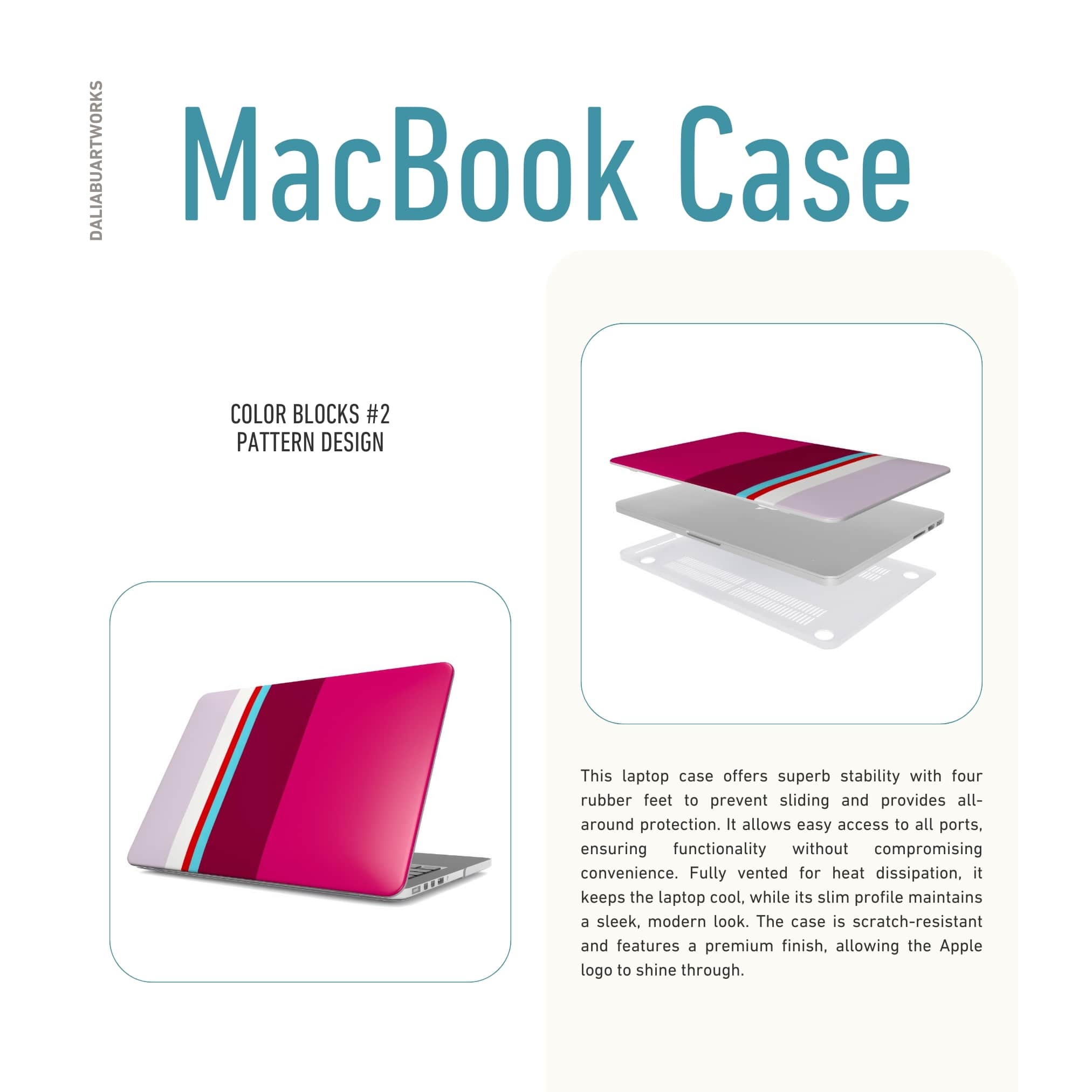 MacBook case Color Blocks 2 pattern design with a color blocks, featuring an elegant and expressive aesthetic design. Main colors are lilac, red, passion pink and fuchsia. Details about ventilation benefits.