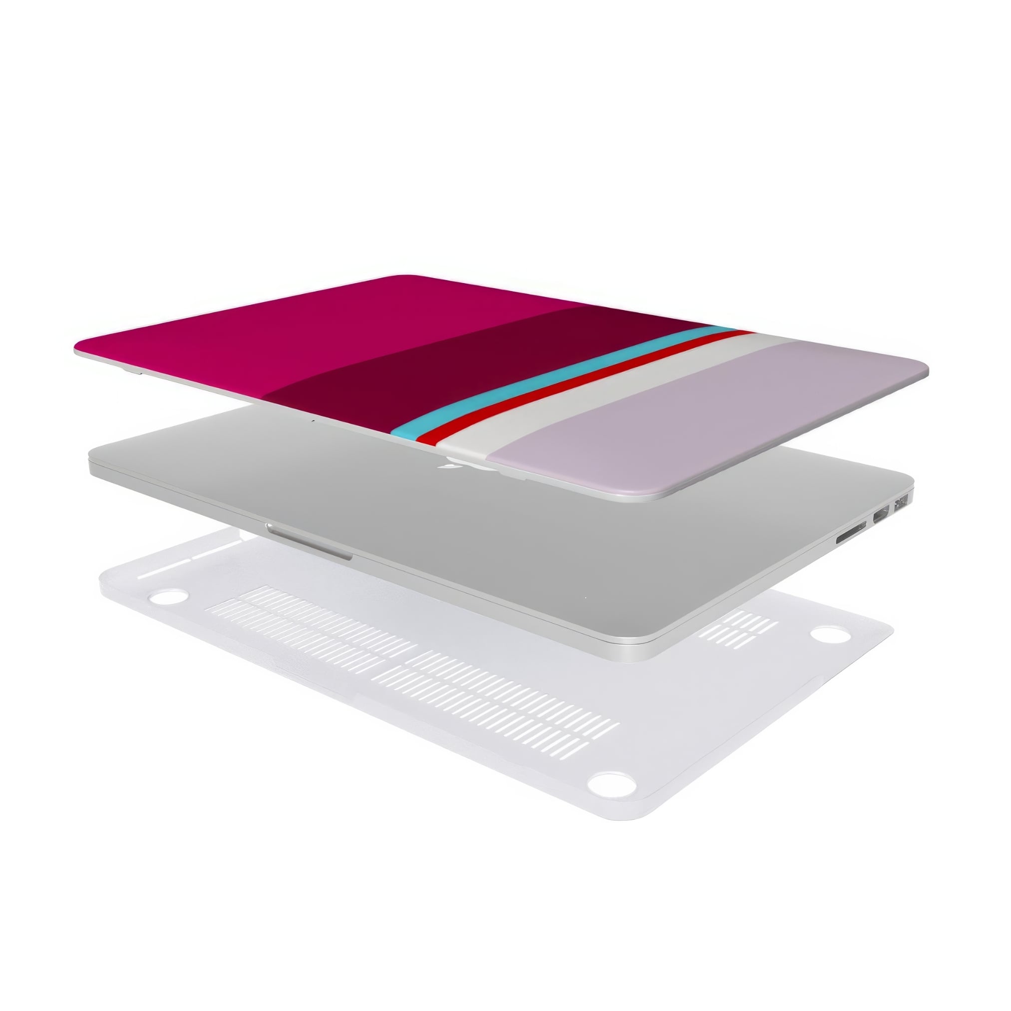 MacBook case Color Blocks 2 pattern design with a color blocks, featuring an elegant and expressive aesthetic design. Main colors are lilac, red, passion pink and fuchsia. Extend view.