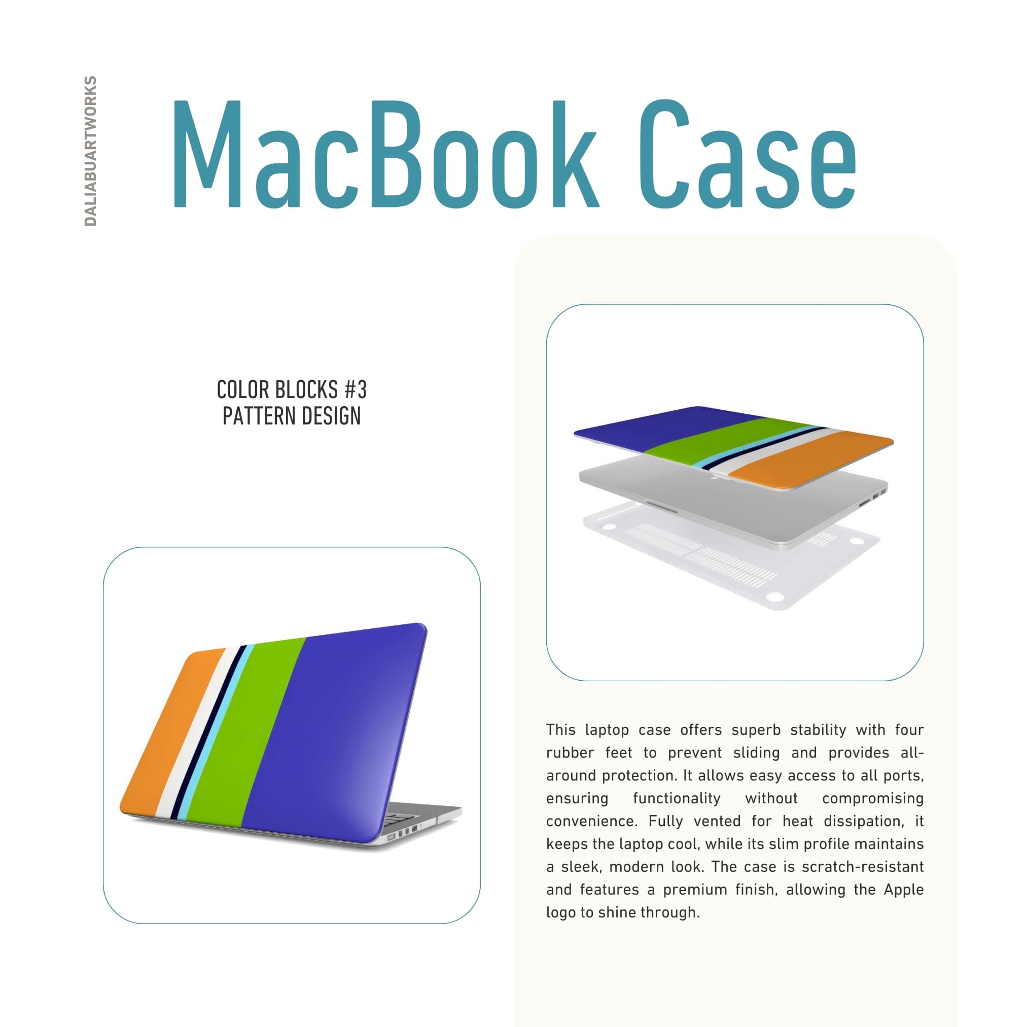 MacBook case Color Blocks 3 pattern design with a color blocks, featuring an elegant and expressive aesthetic design. Main colors are light green, violet and orange. Details about ventilation benefits.
