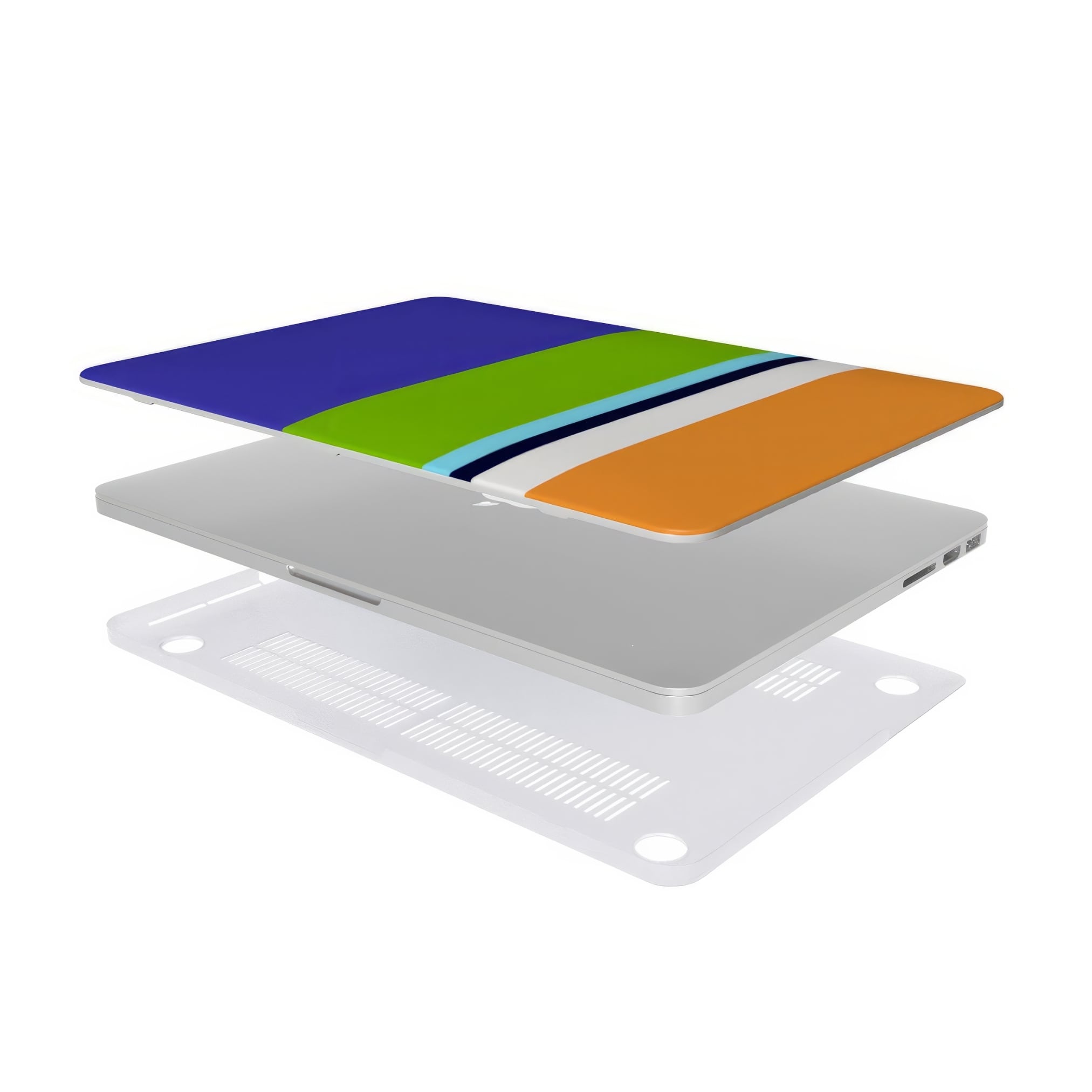 MacBook case Color Blocks 3 pattern design with a color blocks, featuring an elegant and expressive aesthetic design. Main colors are light green, violet and orange. Extend view.