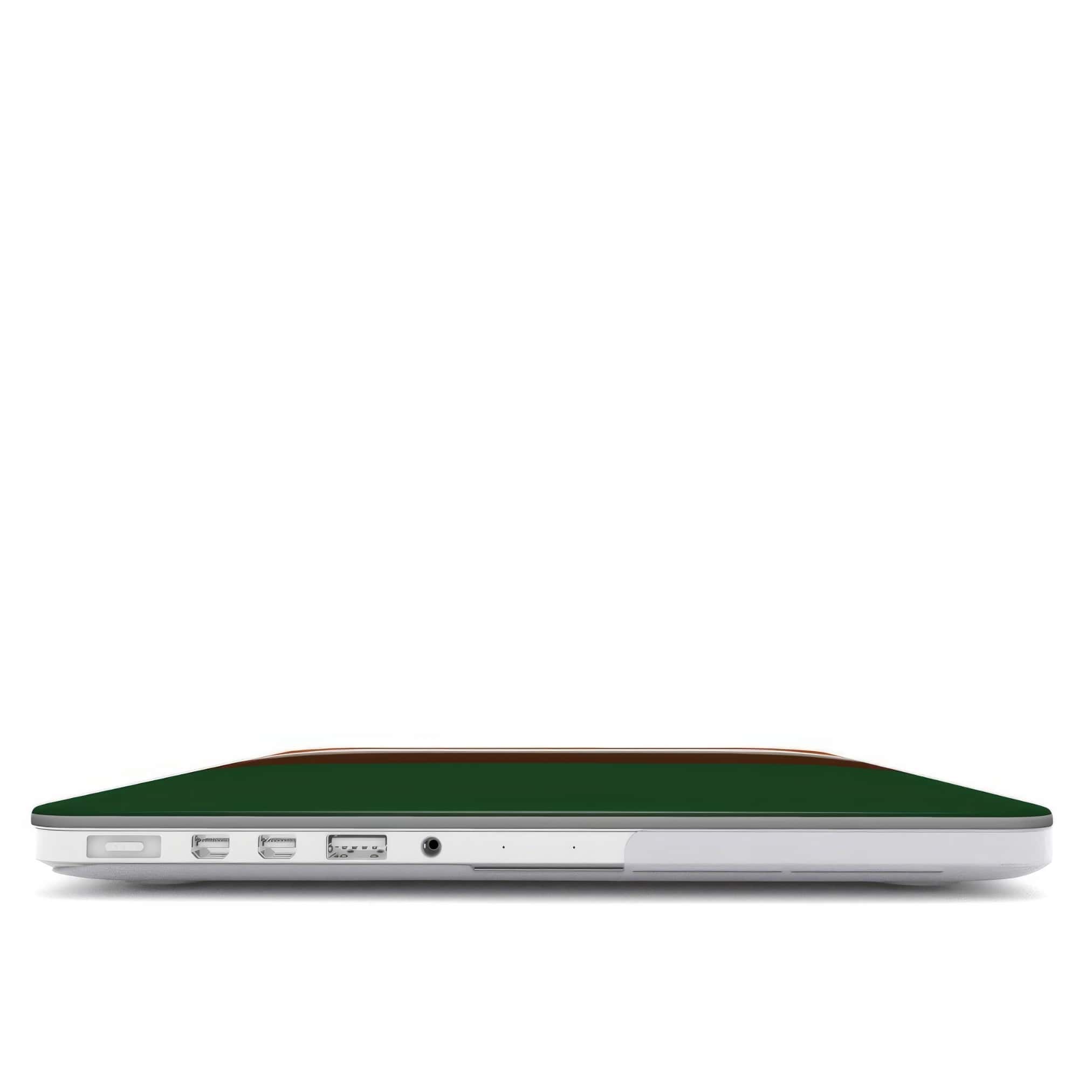 MacBook case Color Blocks 4 pattern design with a color blocks, featuring an elegant and expressive aesthetic design. Main colors are caramel, chocolate brown, rich green. Closed view.