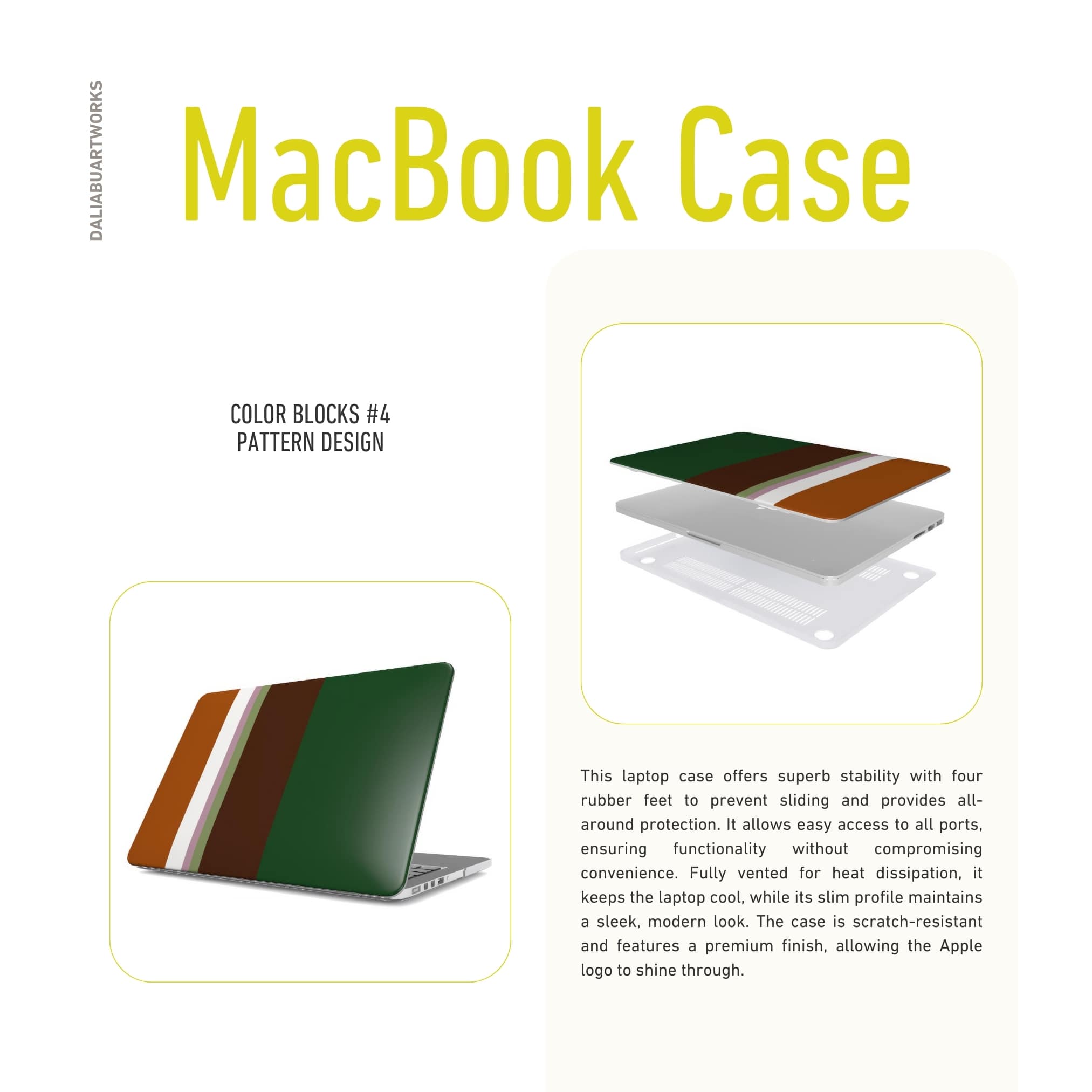 MacBook case Color Blocks 4 pattern design with a color blocks, featuring an elegant and expressive aesthetic design. Main colors are caramel, chocolate brown, rich green. Front view. Details about ventilation benefits.