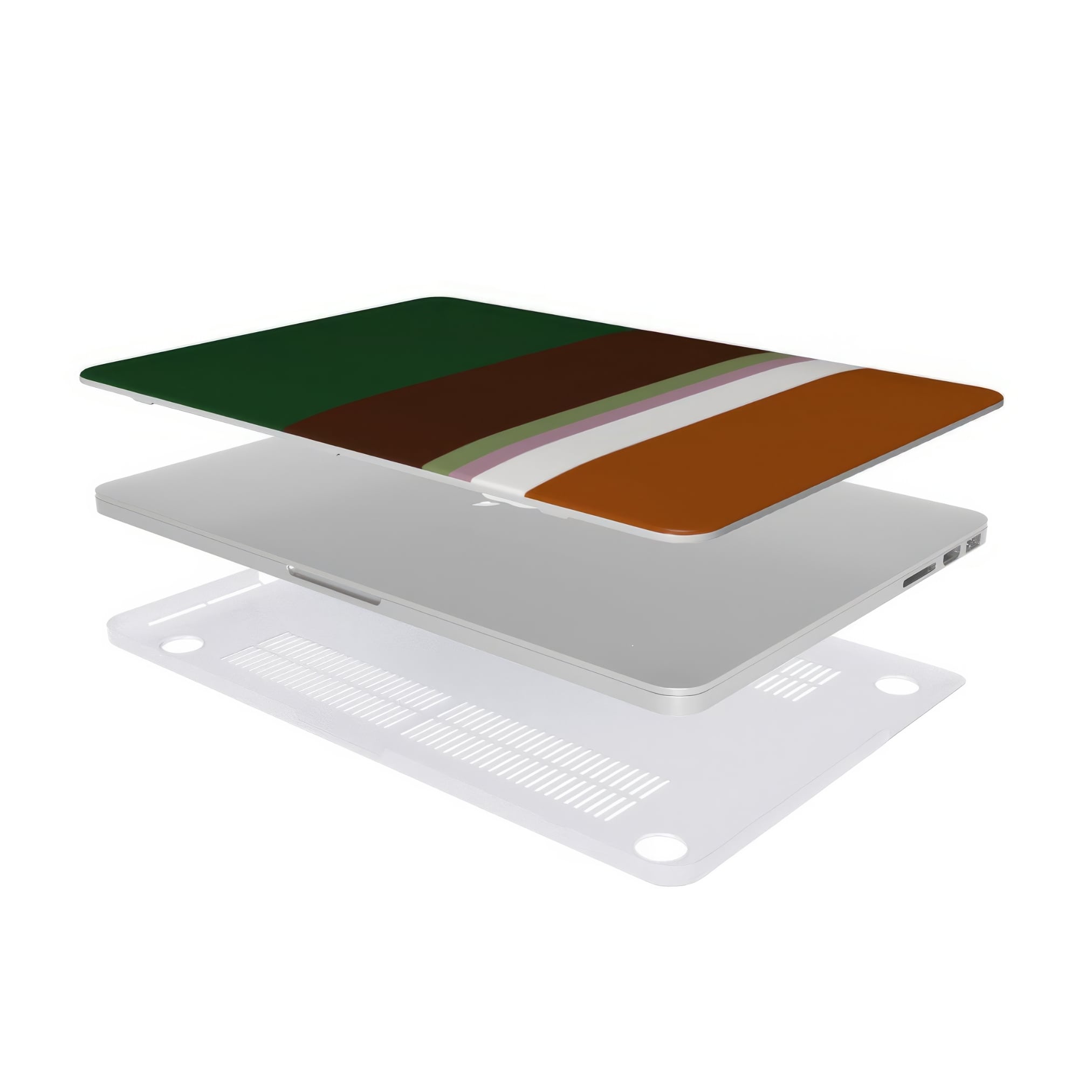 MacBook case Color Blocks 4 pattern design with a color blocks, featuring an elegant and expressive aesthetic design. Main colors are caramel, chocolate brown, rich green. Extend view.