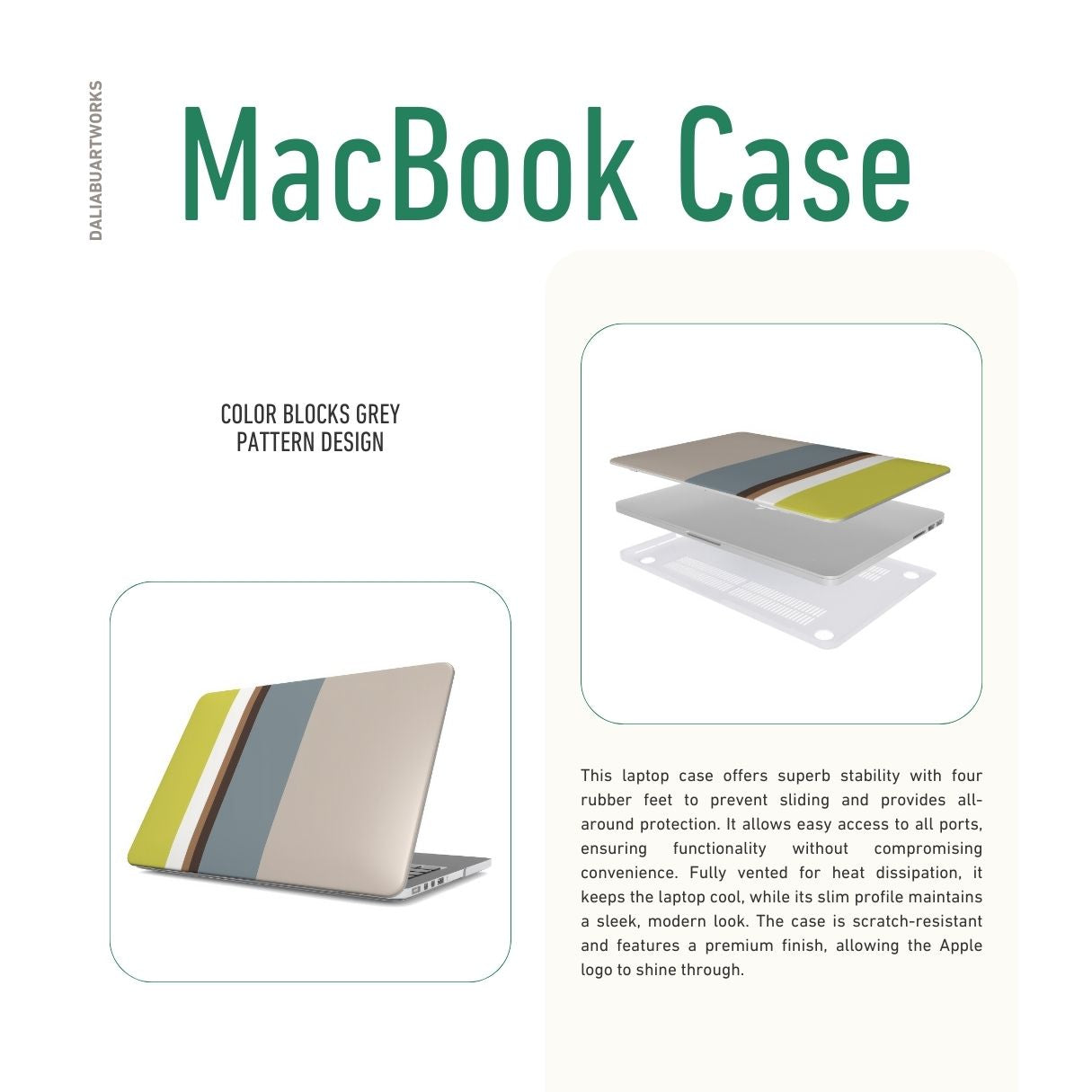 MacBook case Color Blocks Grey pattern design with a color blocks, featuring an elegant and expressive aesthetic design. Main colors are caramel, chocolate brown, yellow and gray. Details about cover ventilation benefits.
