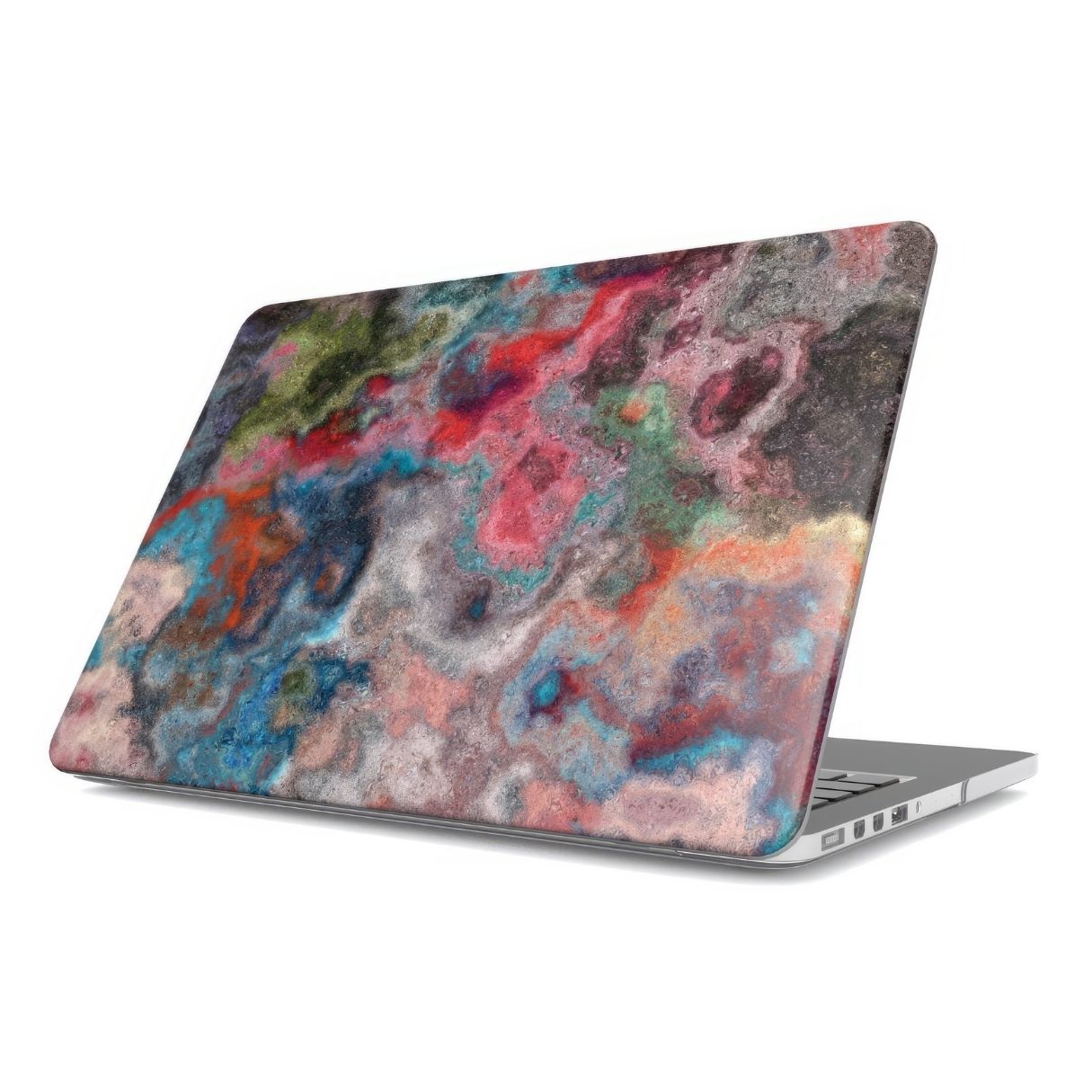 MacBook case with vivid color pattern Color Fog abstract and artistic style, featuring an elegant and expressive aesthetic design. Main colors are red, deep blue and green. Side view.