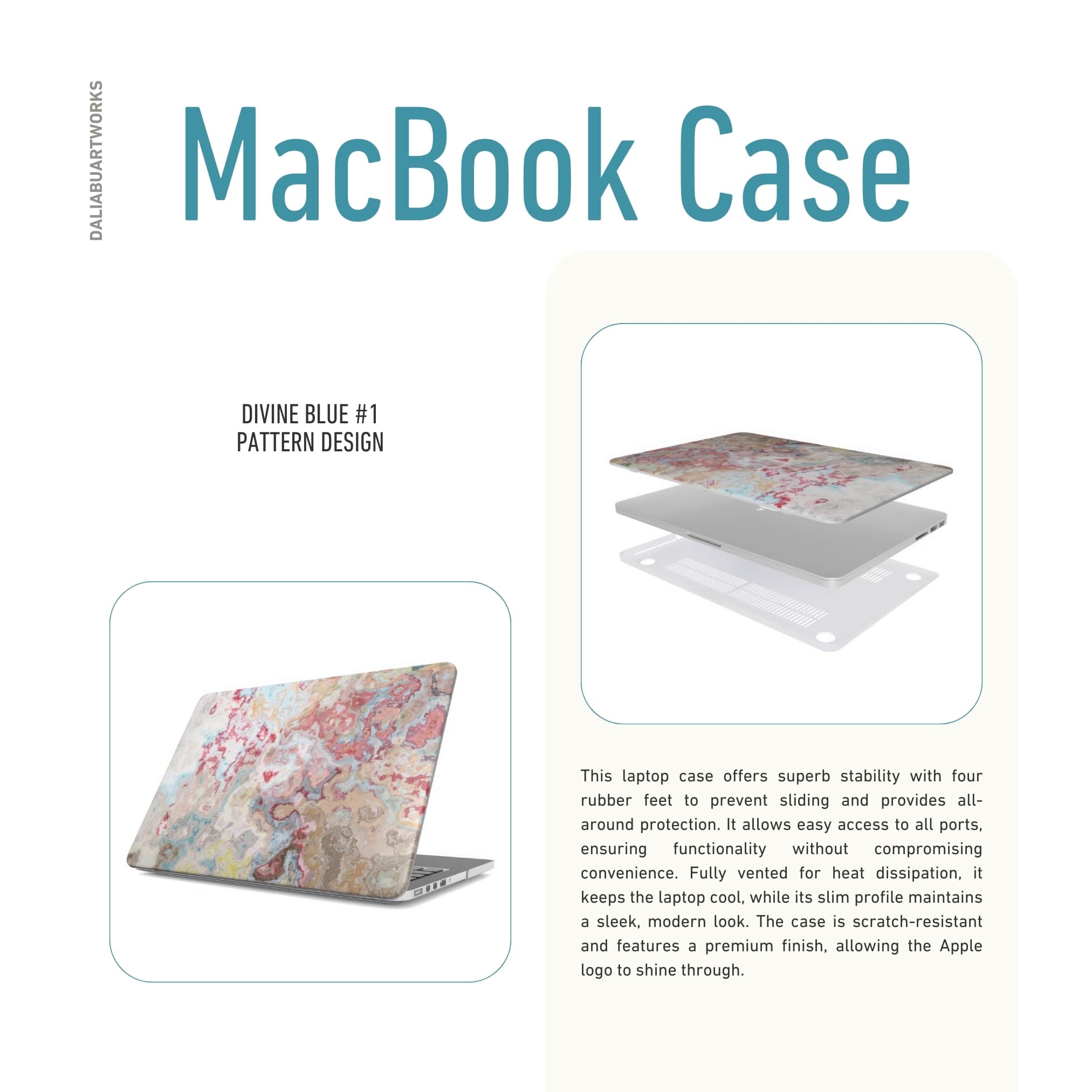 MacBook case side view; Divine Blue 1 pattern, artistic, abstract marble pattern. Pink and light blue color combination. Description about laptop case ventilation features.