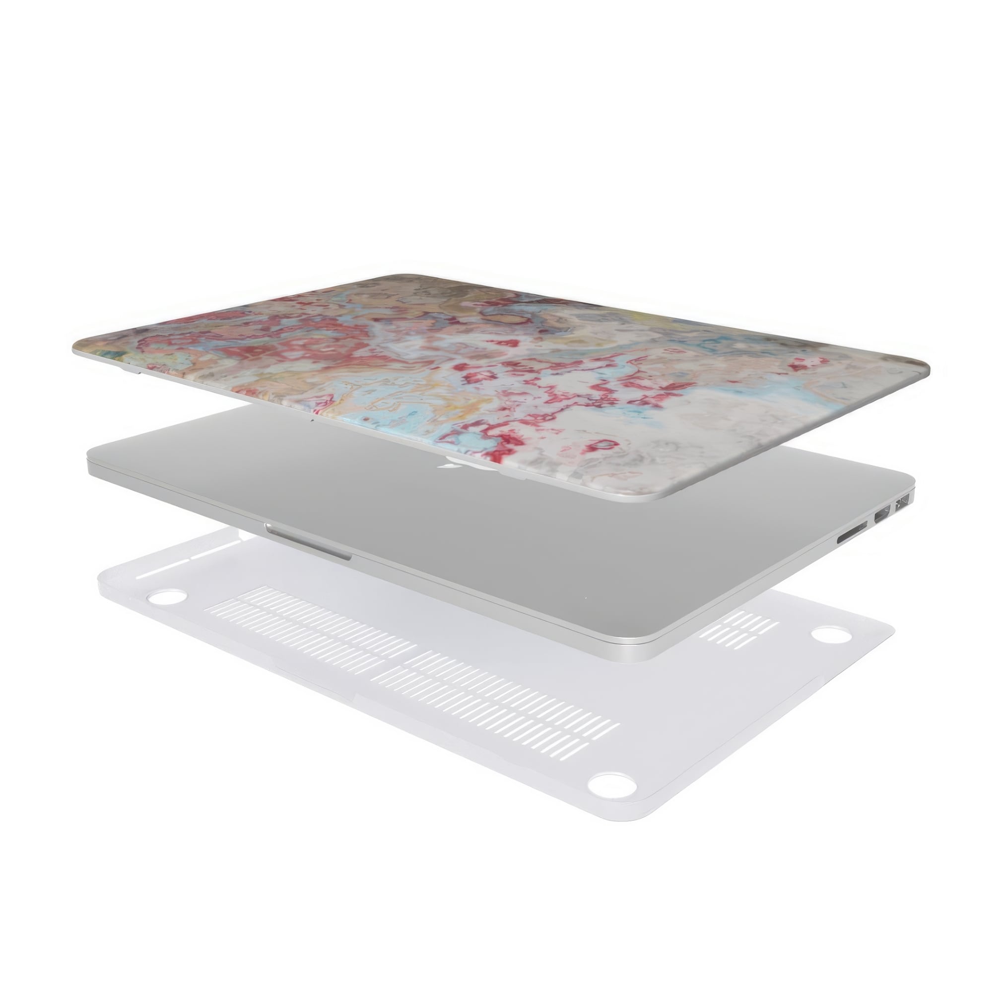 MacBook case extend view; Divine Blue 1 pattern, artistic, abstract marble pattern. Pink and light blue color combination.