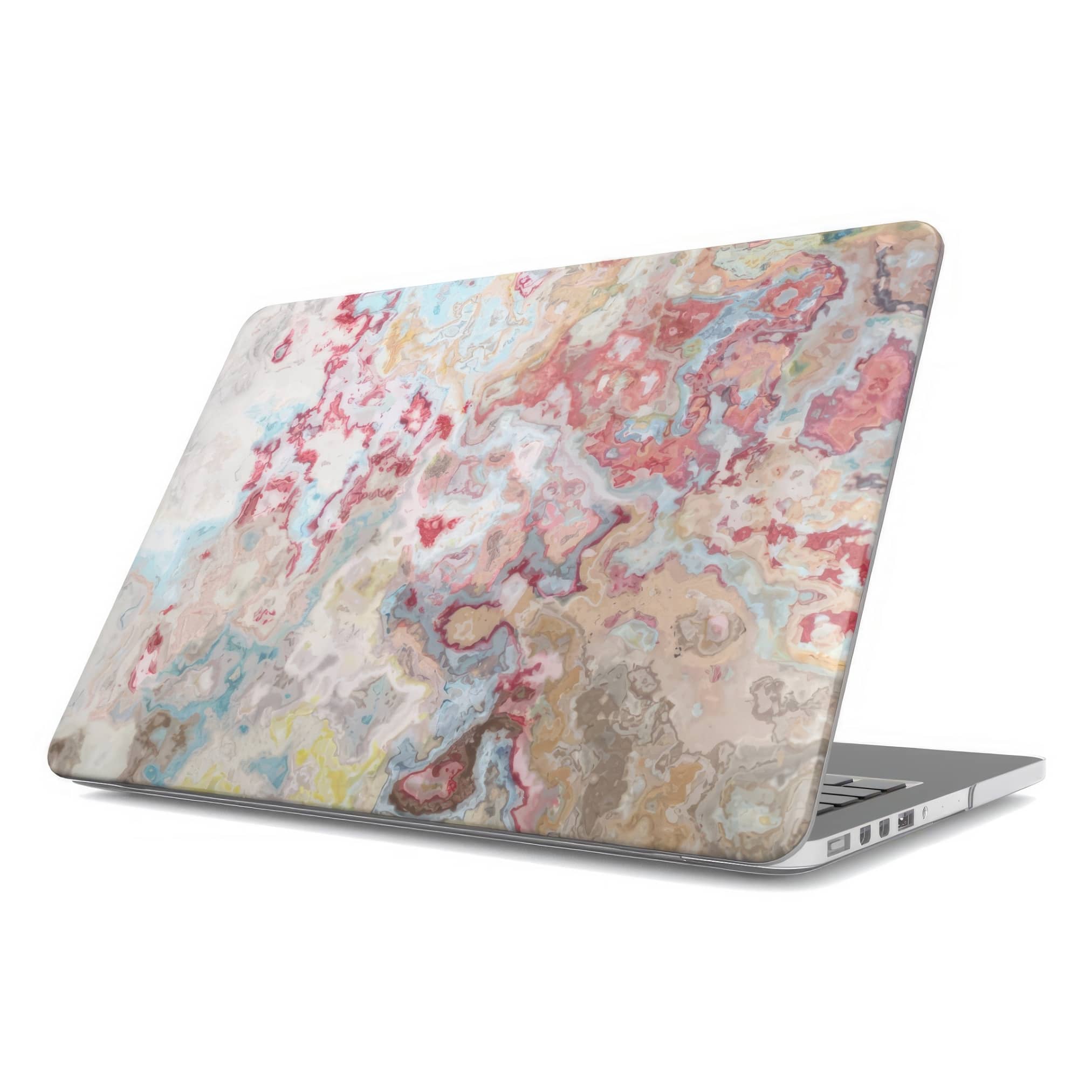 MacBook case side view; Divine Blue 1 pattern, artistic, abstract marble pattern. Pink and light blue color combination. Bold expressive aesthetic design. Colorful and interior fit.