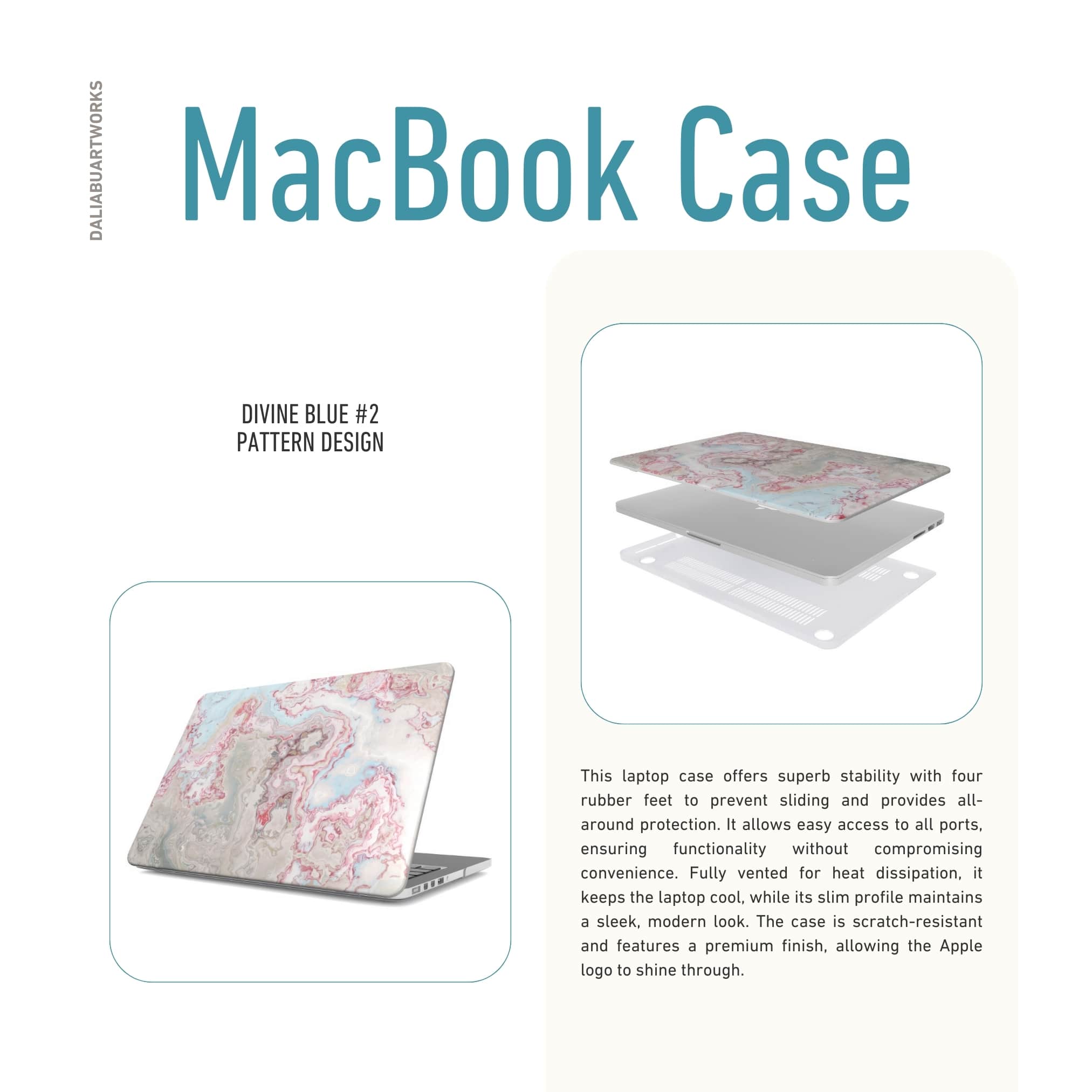 MacBook case side view; Divine Blue 2 pattern, artistic, abstract marble pattern. Light blue and pink color combination. Description about laptop case ventilation features.
