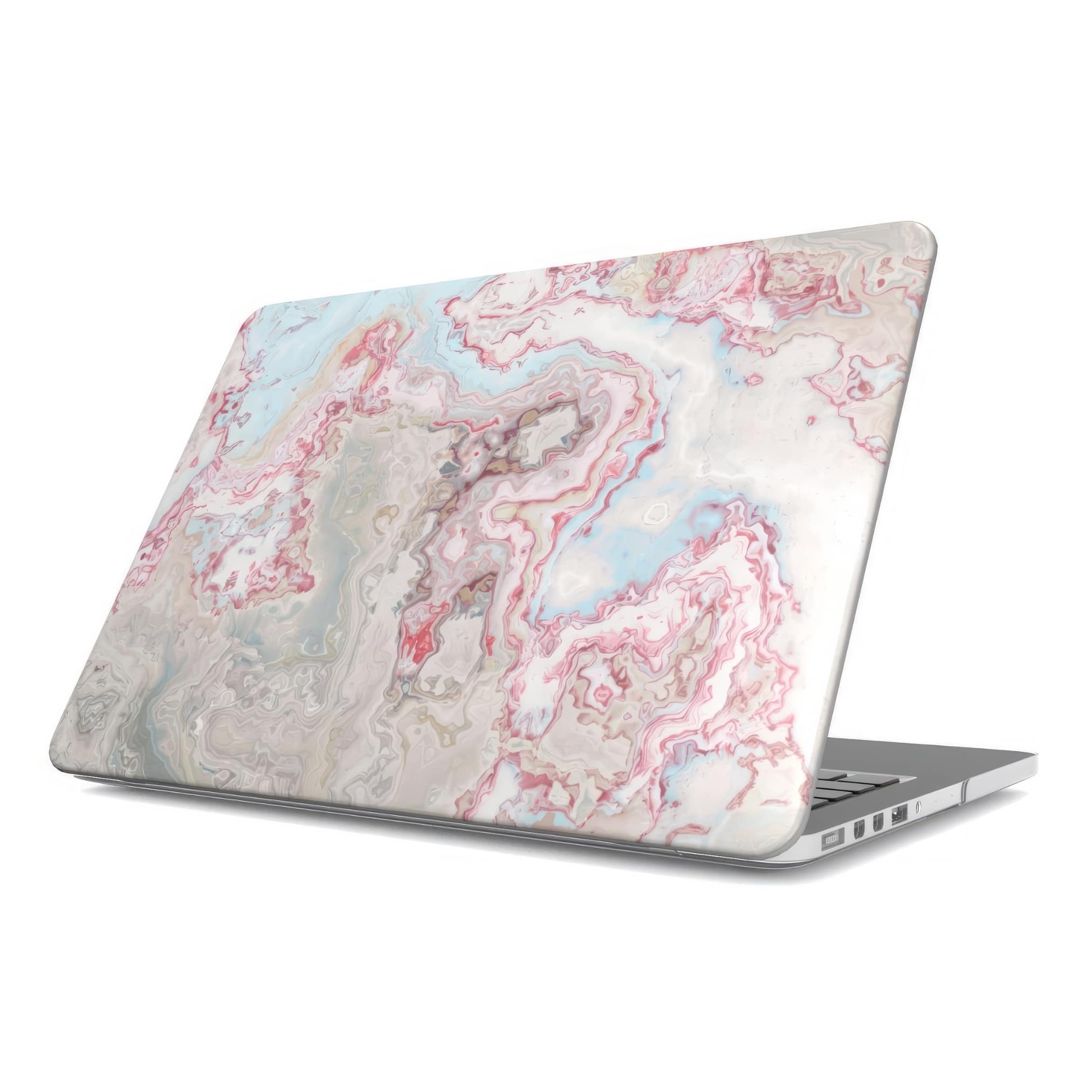 MacBook case side view; Divine Blue 2 pattern, artistic, abstract marble pattern. Light blue and pink color combination. Bold expressive aesthetic design. Colorful and interior fit.