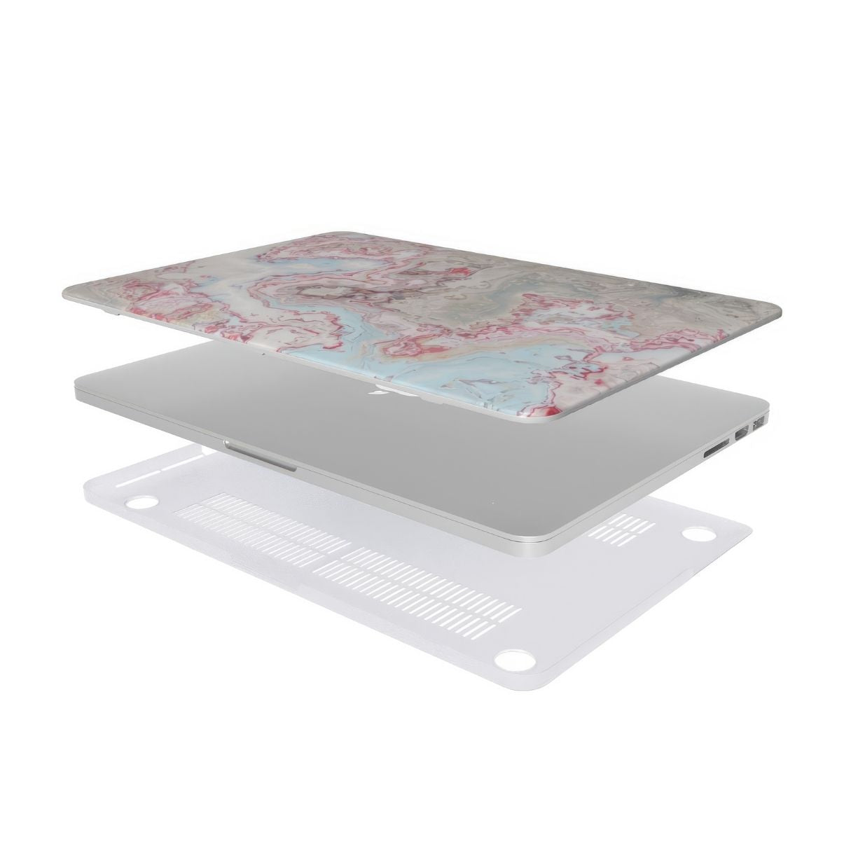 MacBook case extend view; Divine Blue River pattern, artistic, abstract marble pattern. Light blue and pink color combination. Bold expressive aesthetic design. Colorful and interior fit.