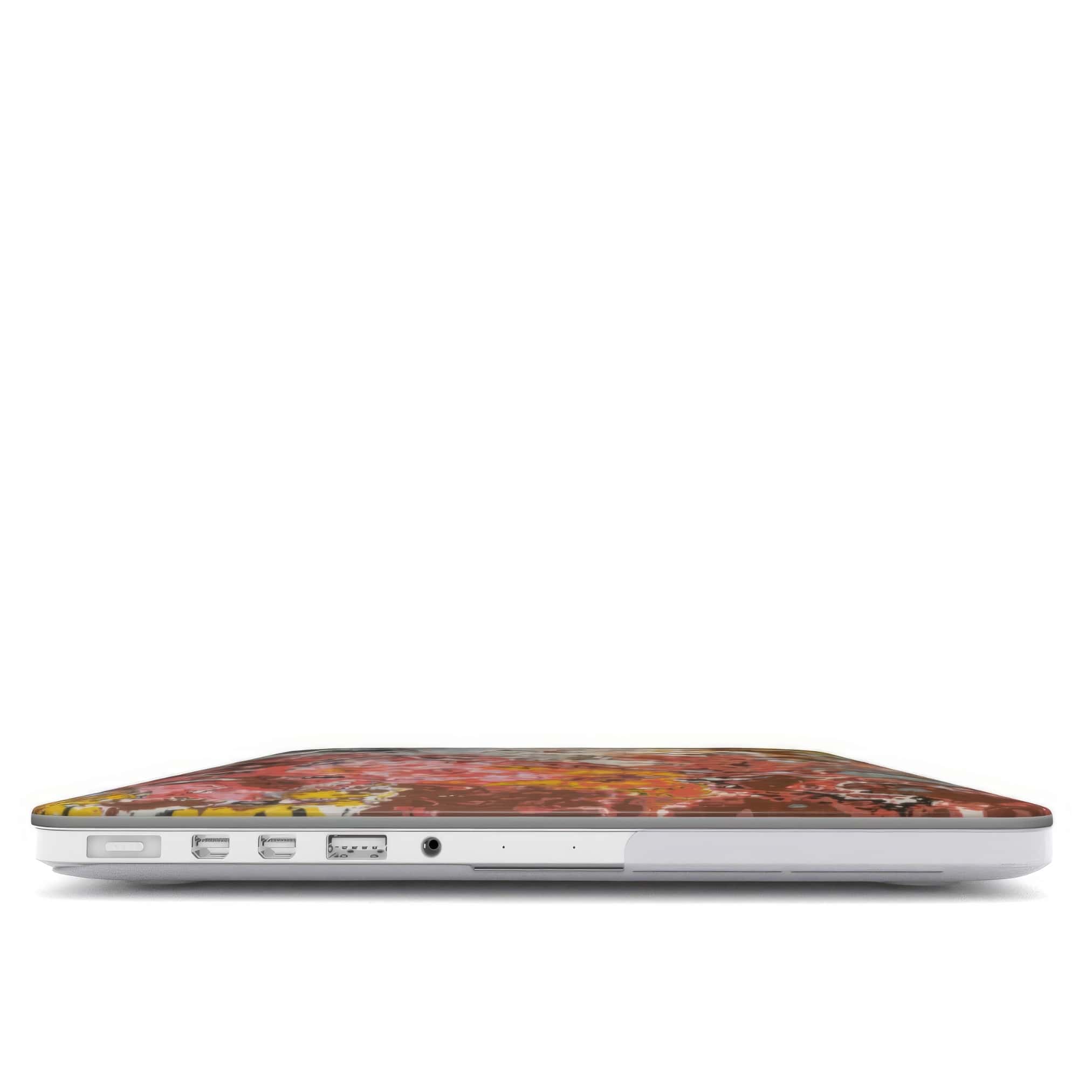 MacBook case closed view; Earth in Flux 1 pattern, artistic, abstract marble pattern. Blue and brick red color combination.
