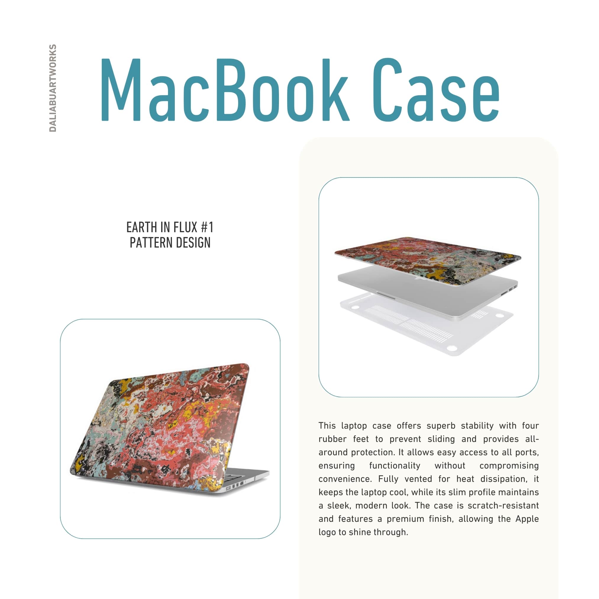 MacBook case front view; Earth in Flux 1 pattern, artistic, abstract marble pattern. Blue and brick red color combination.