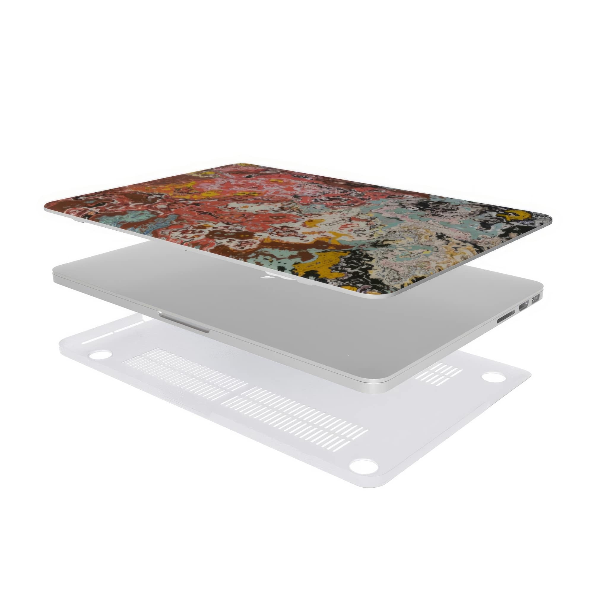 MacBook case extend view; Earth in Flux 1 pattern, artistic, abstract marble pattern. Blue and brick red color combination.