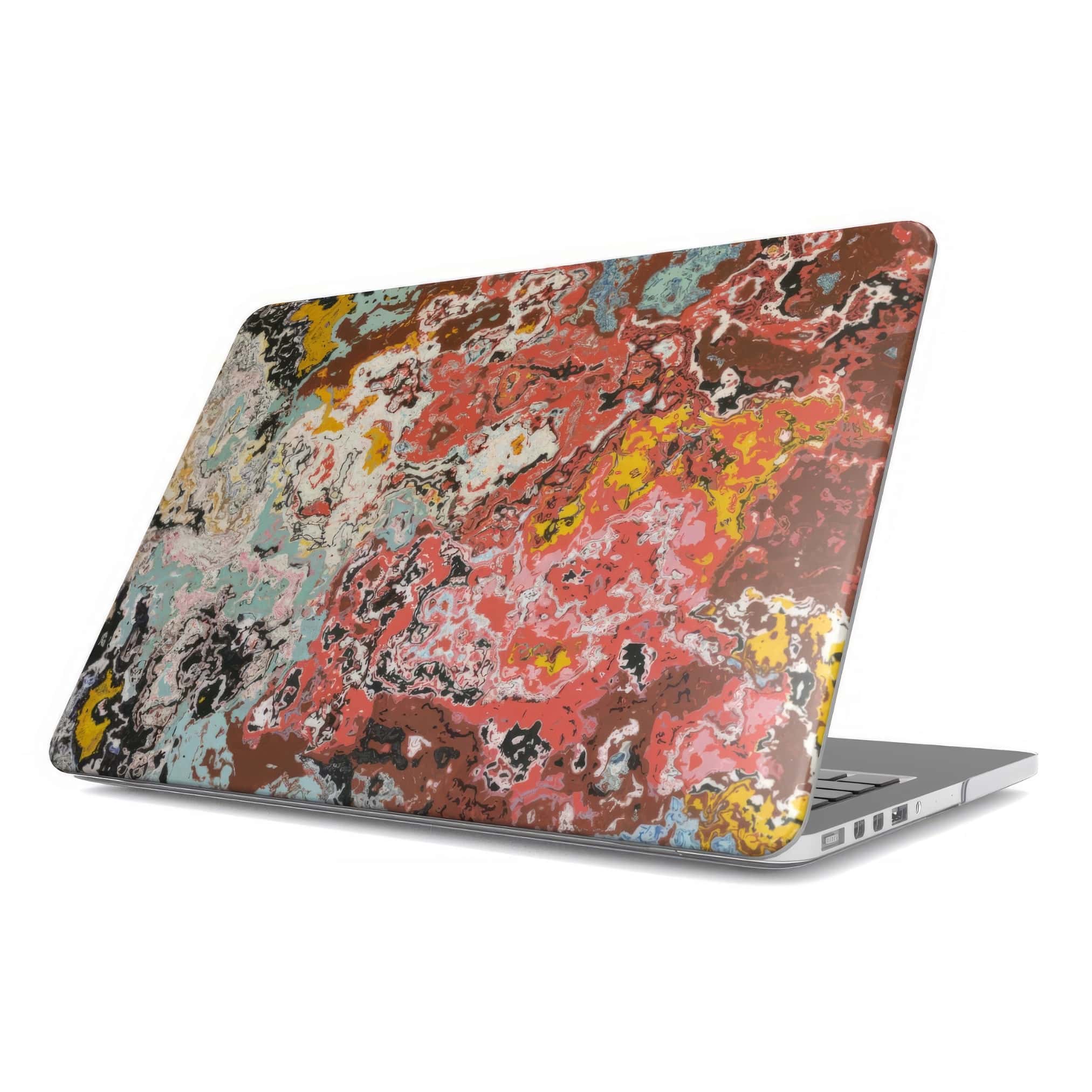 MacBook case side view; Earth in Flux 1 pattern, artistic, abstract marble pattern. Blue and brick red color combination. Bold expressive aesthetic design. Colorful and interior fit.