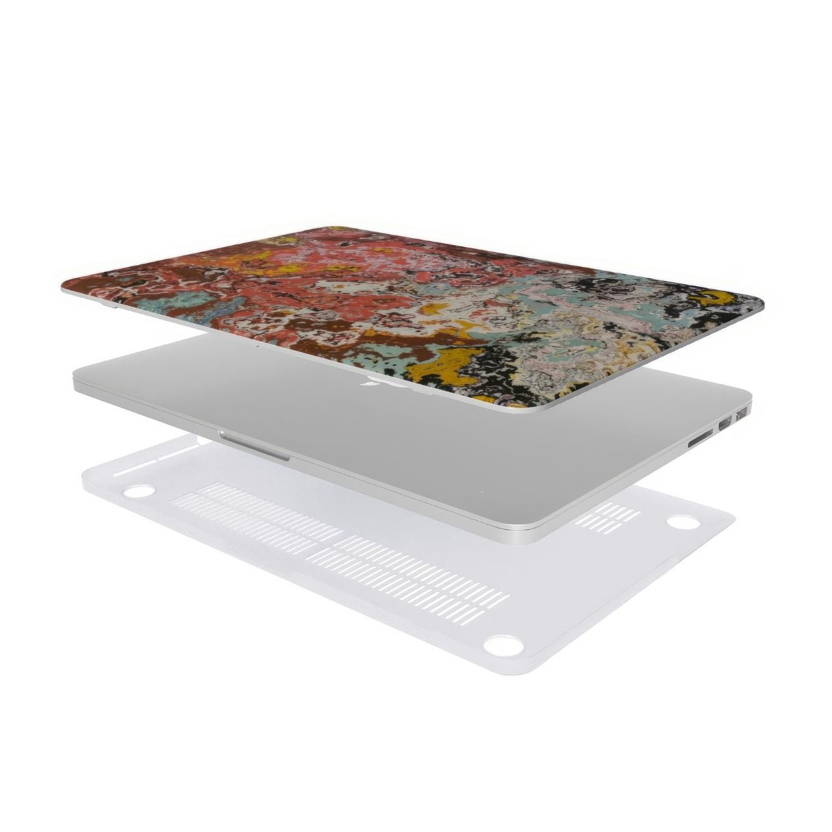 MacBook case extend view; Earth in Flux pattern, artistic, abstract marble pattern. Blue and brick red color combination. Bold expressive aesthetic design. Colorful and interior fit.