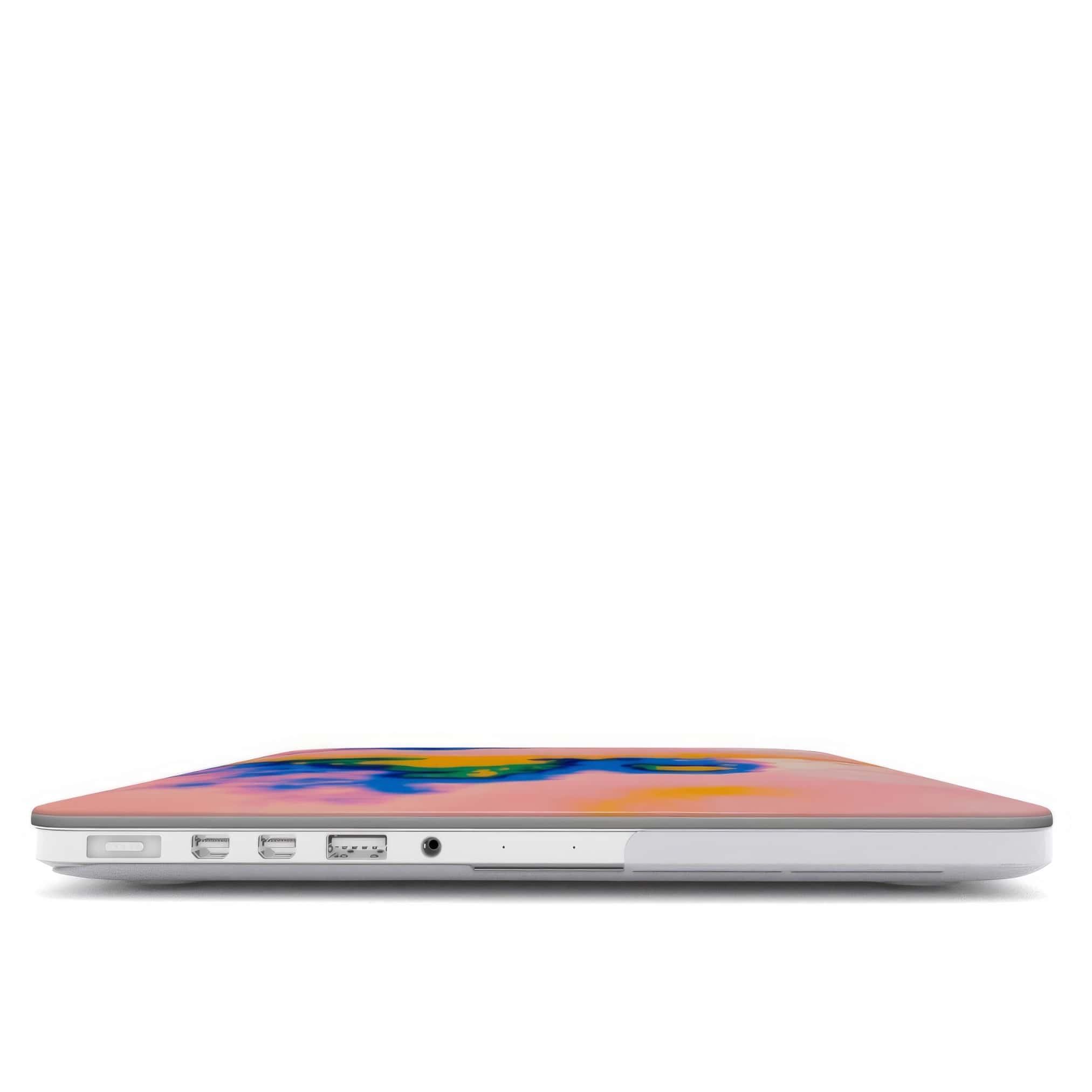 MacBook case closed view; Electricity 1 pattern, artistic, abstract marble pattern. Blue and orange color combination.