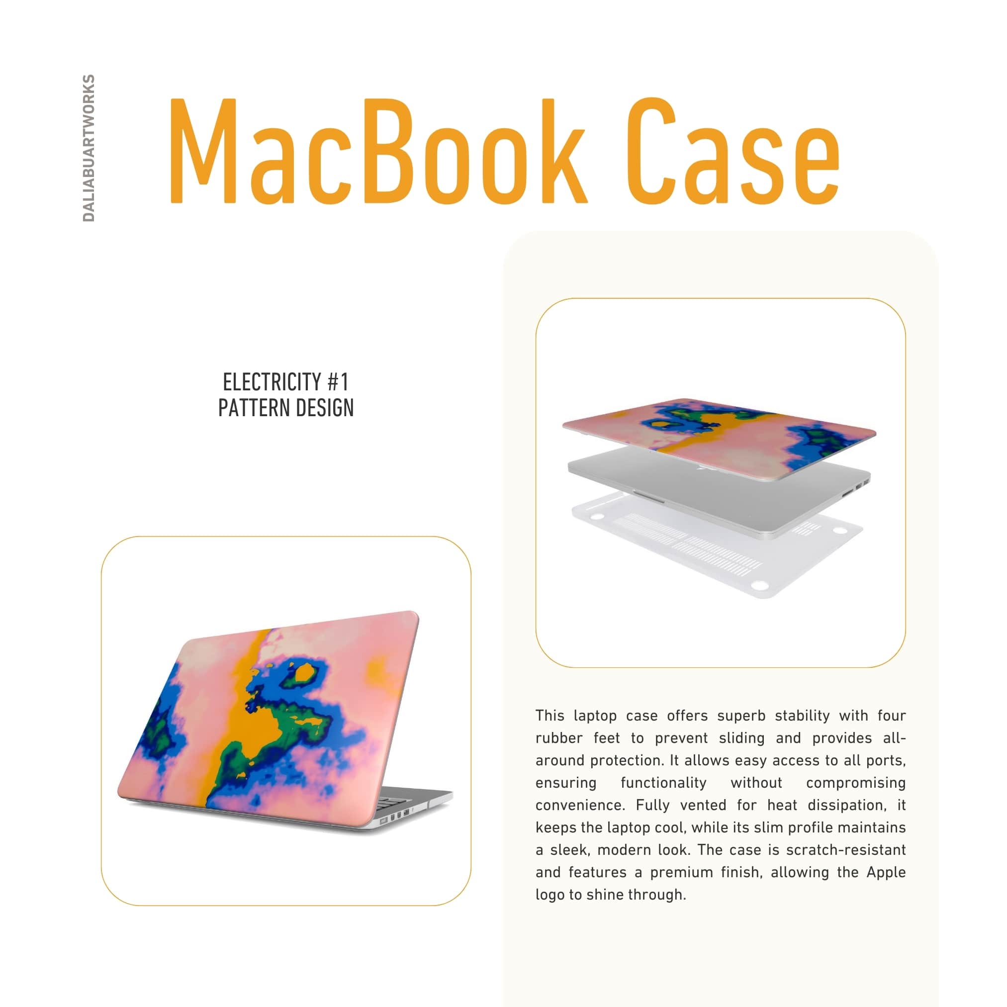 MacBook case side view; Electricity 1 pattern, artistic, abstract marble pattern. Blue and orange color combination. Description about laptop case ventilation features.