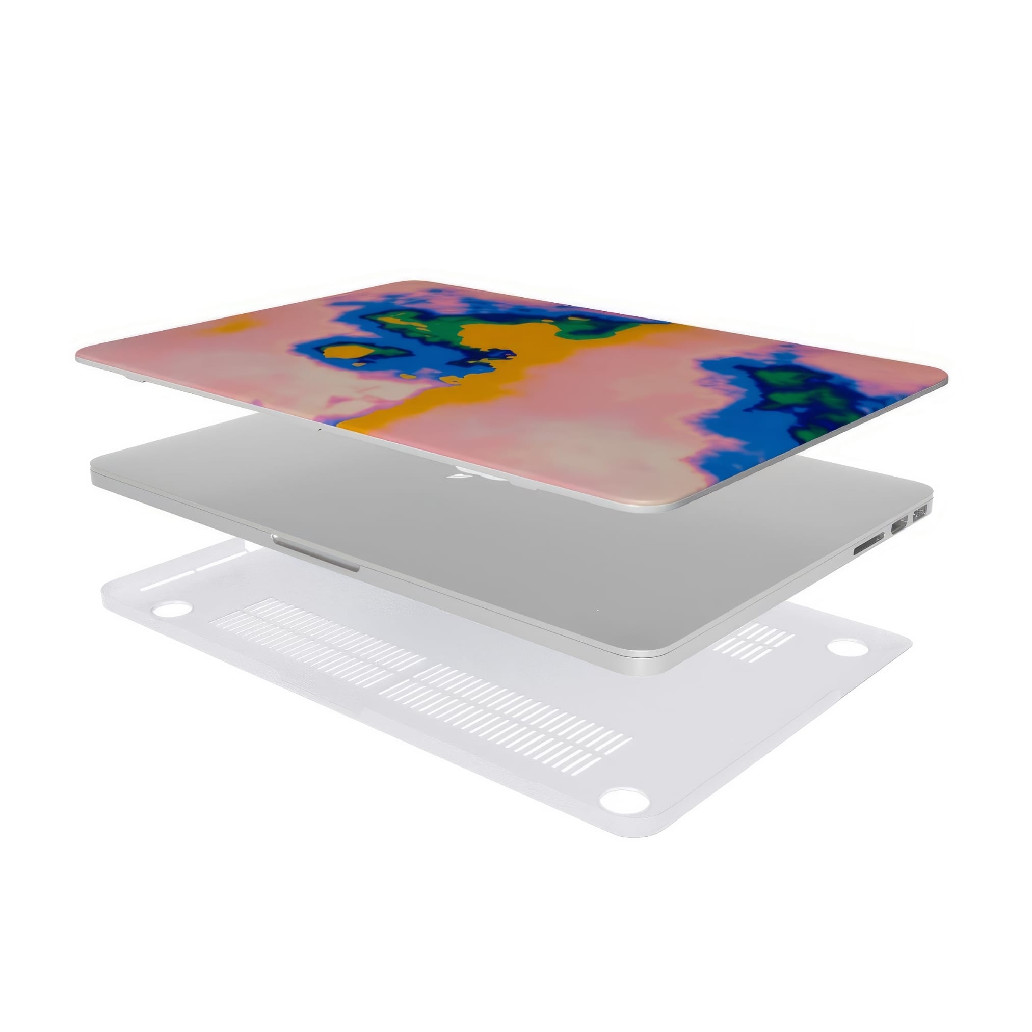 MacBook case extend view; Electricity 1 pattern, artistic, abstract marble pattern. Blue and orange color combination.