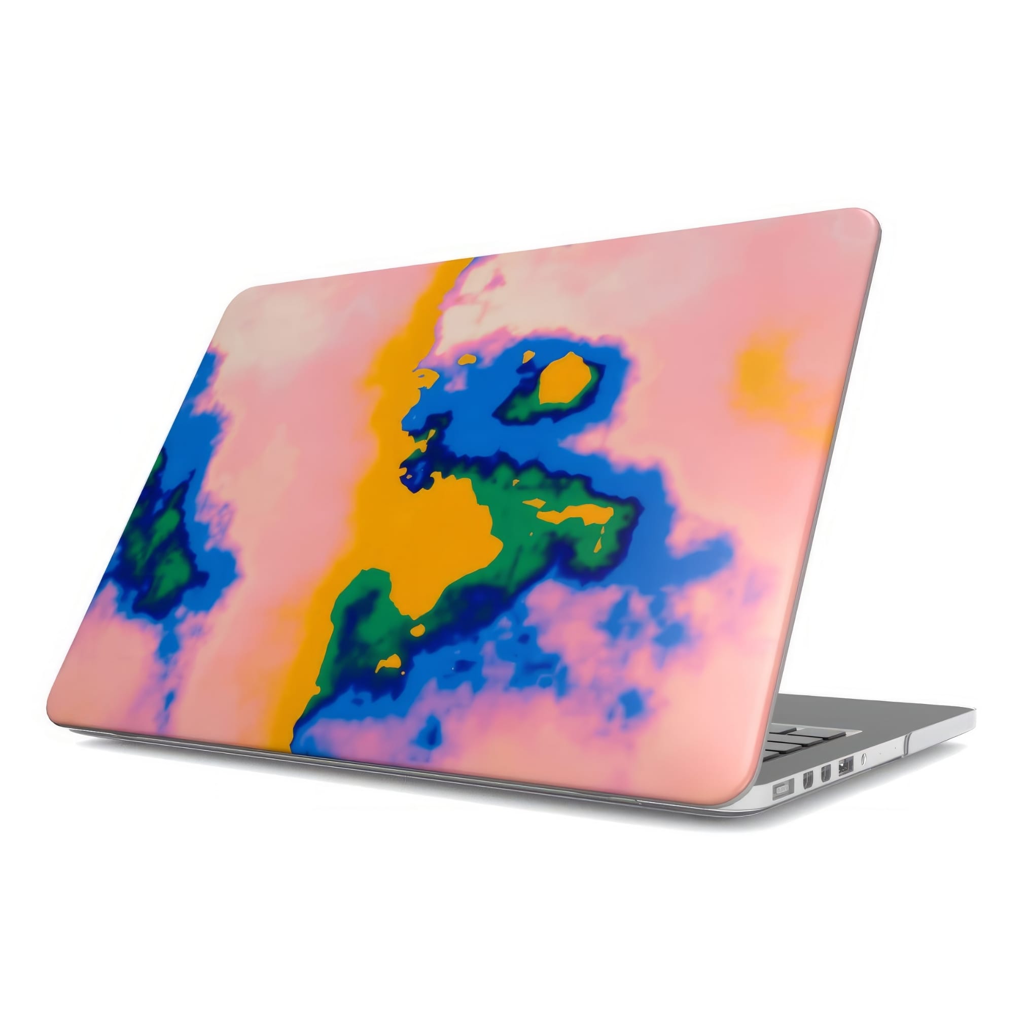 MacBook case side view; Electricity 1 pattern, artistic, abstract marble pattern. Blue and orange color combination. Bold expressive aesthetic design. Colorful and interior fit.