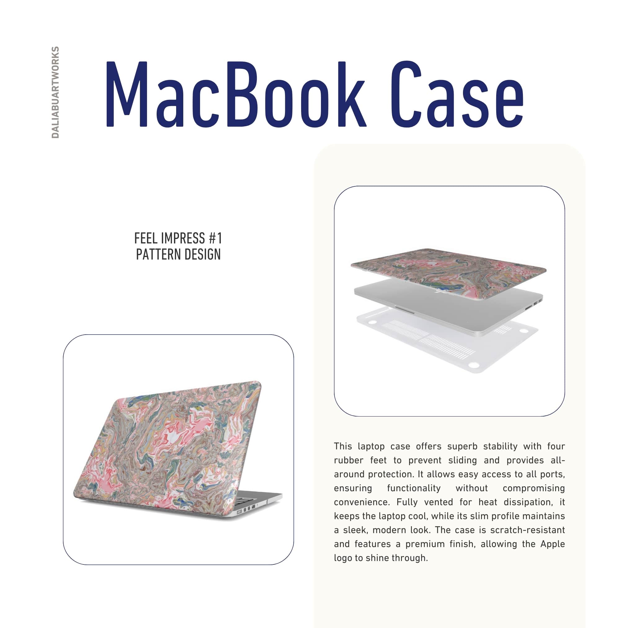 MacBook case front view; Feel Impress pattern, artistic, abstract marble pattern. Pastel blue, green and red color combination. Inspired by impressionist art. Description about laptop case ventilation features.