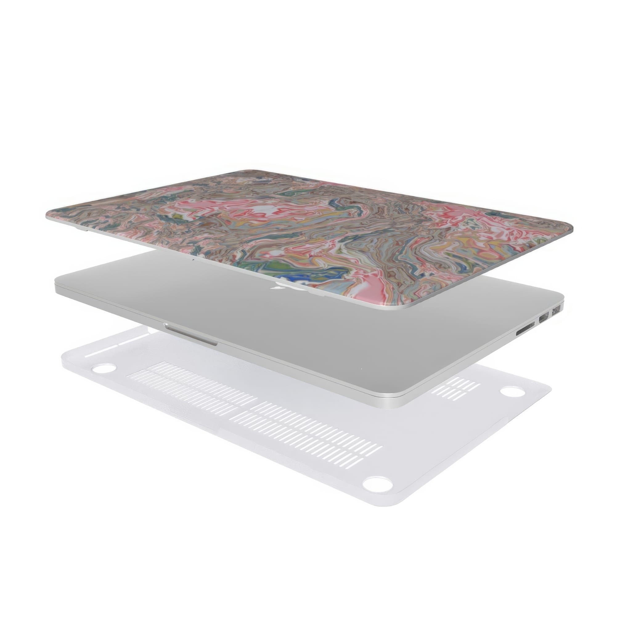MacBook case extend view; Feel Impress pattern, artistic, abstract marble pattern. Pastel blue, green and red color combination. Inspired by impressionist art.