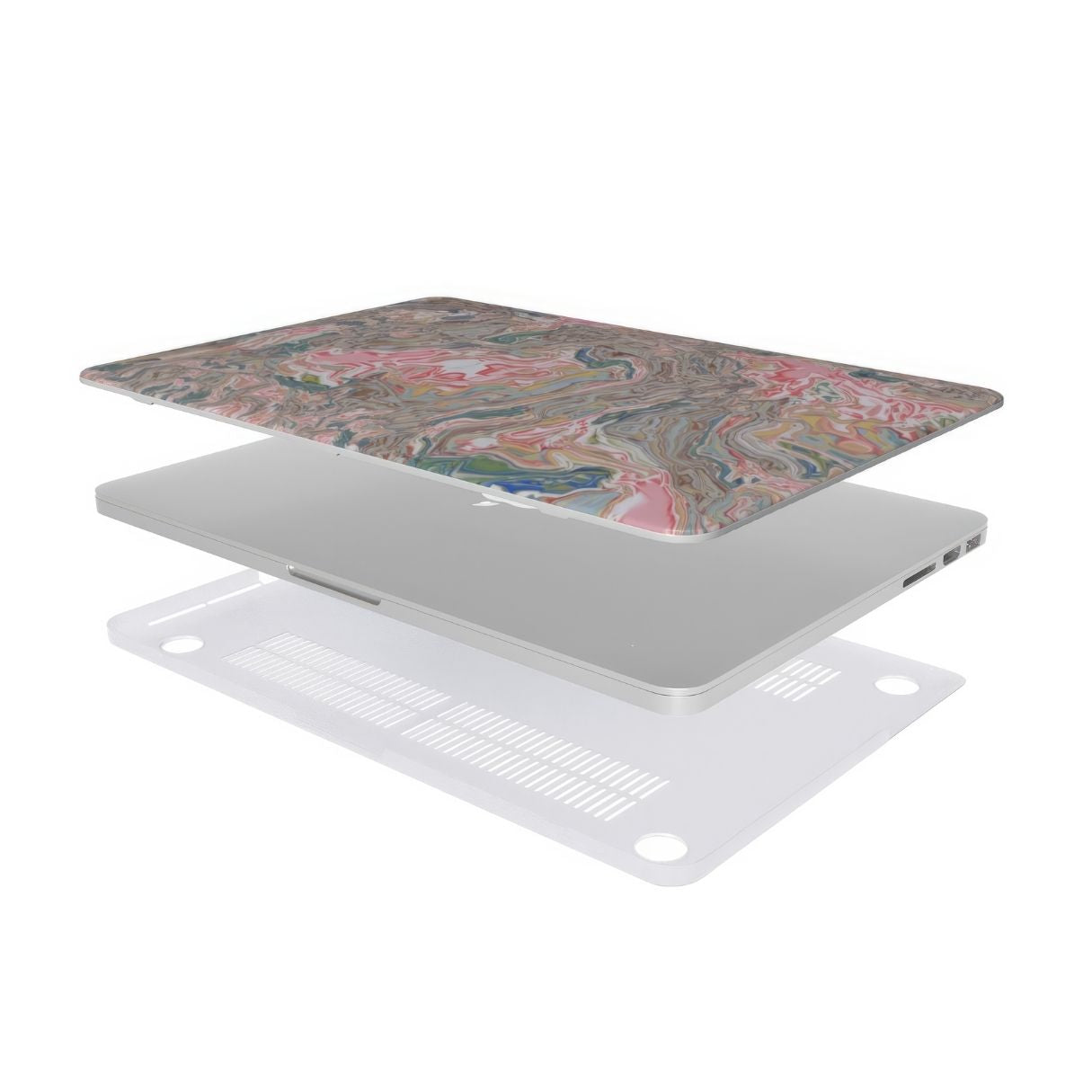 MacBook case extend view; Feel Impress pattern, artistic, abstract marble pattern. Pastel blue, green and red color combination. Inspired by impressionist art. Bold expressive aesthetic design. Colorful and interior fit.