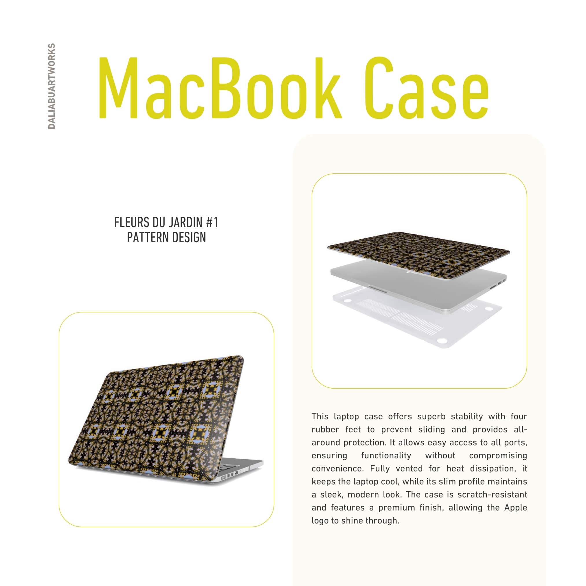 MacBook case Fleurs Du Jardin 1 pattern with geometric design, featuring an elegant and expressive aesthetic shape. Main colors are blue, yellow and dark purple. Description about ventilation.