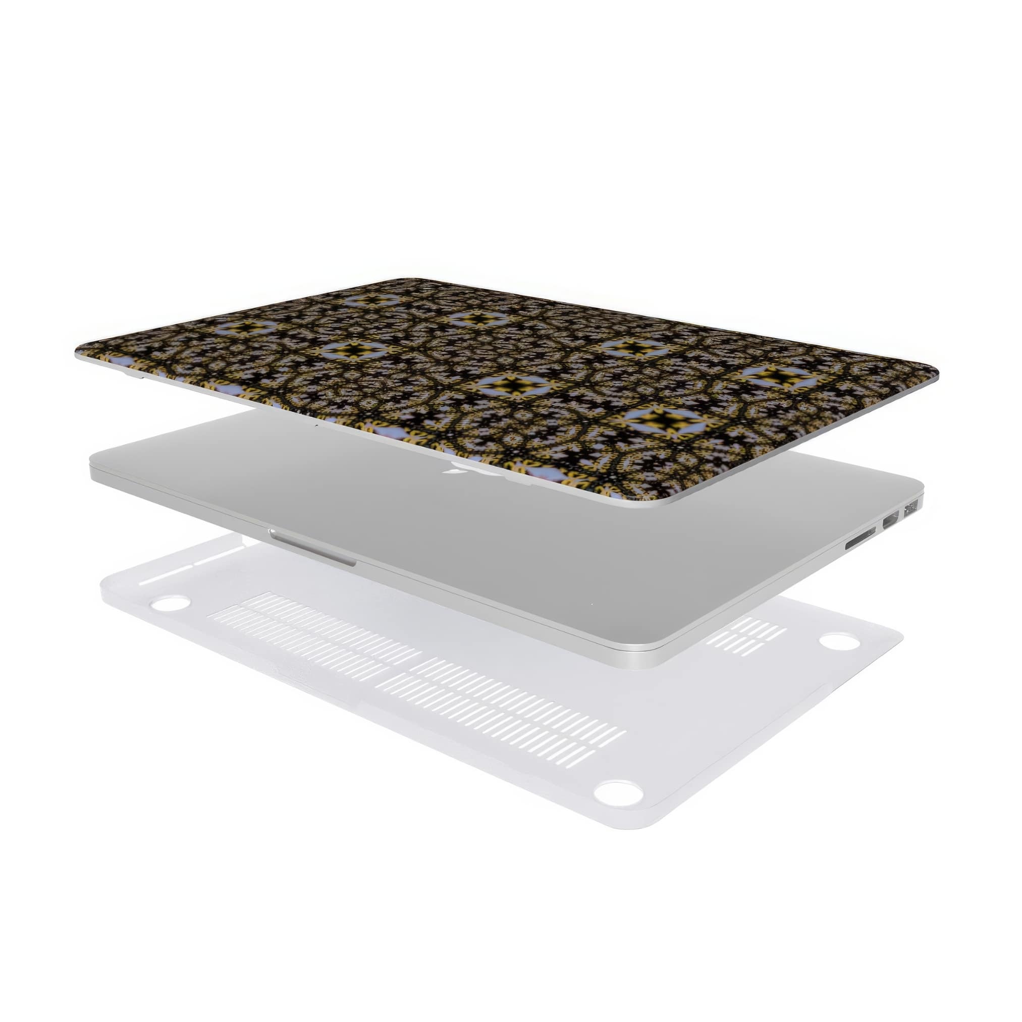MacBook case Fleurs Du Jardin 1 pattern with geometric design, featuring an elegant and expressive aesthetic shape. Main colors are blue, yellow and dark purple. Extend view.