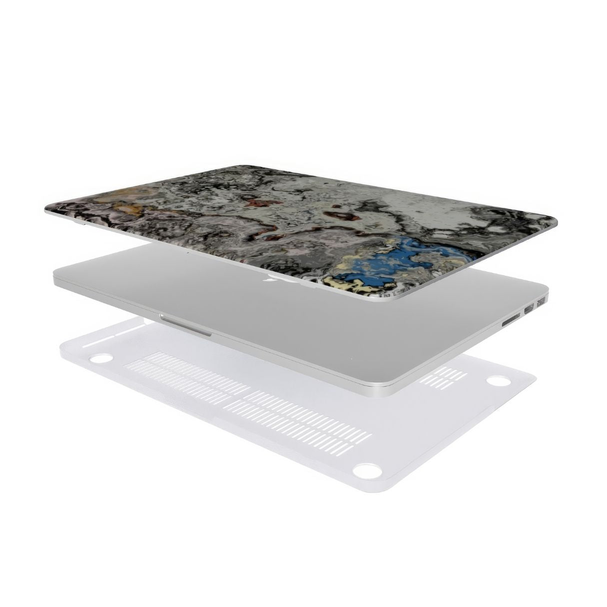 MacBook case extend view; Full Moon pattern, marble pattern; moon surface imagination. Bold expressive aesthetic design. Colorful and interior fit.